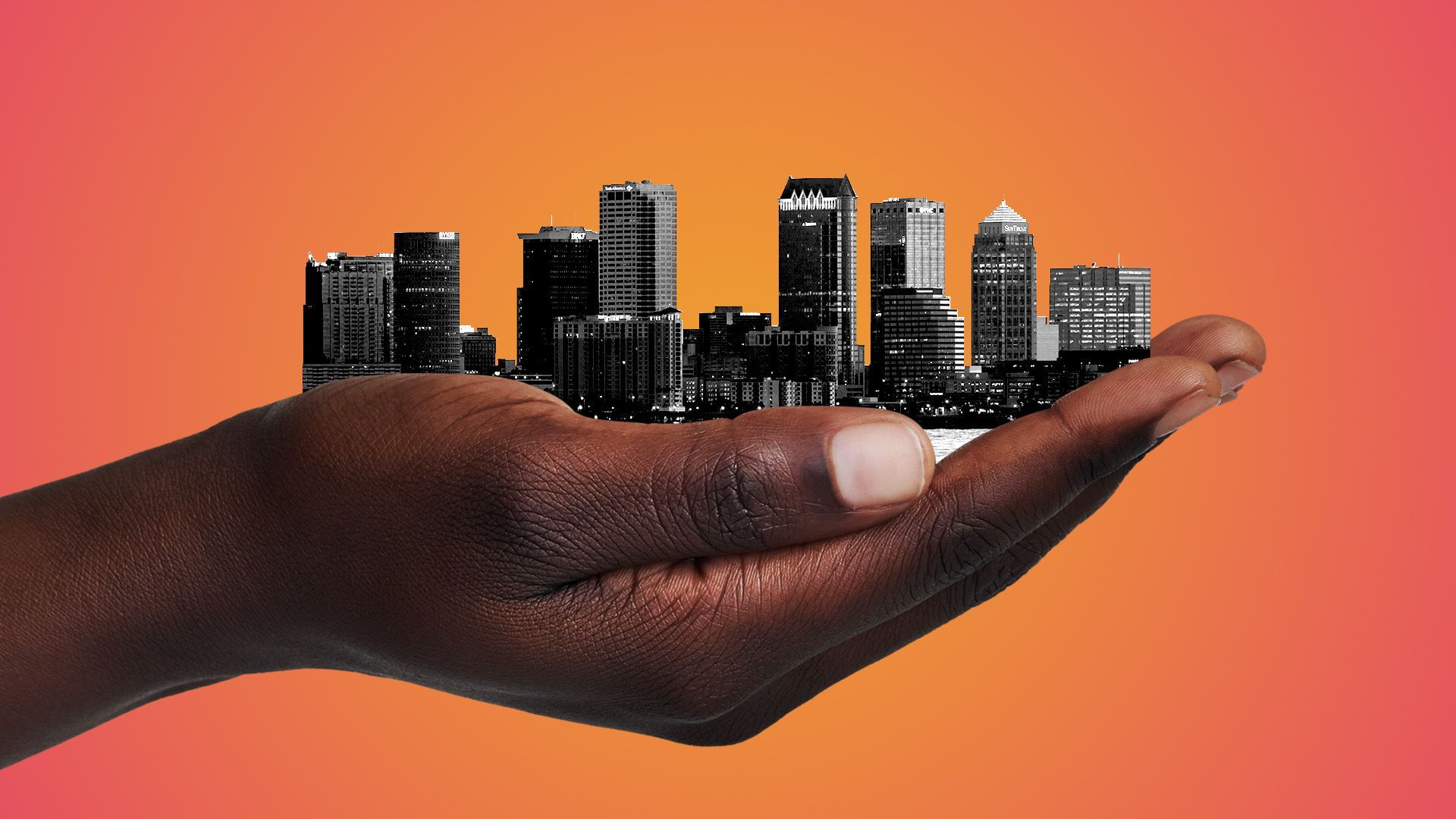 Illustration of a Black woman's hands holding the city of Tampa Bay.