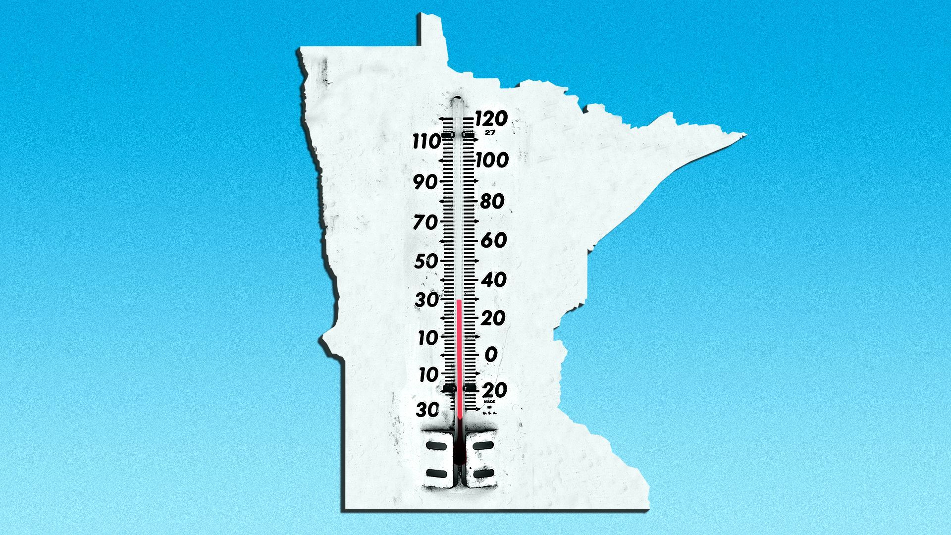 Illustration of a thermometer in the shape of Minnesota registering 30 degrees.