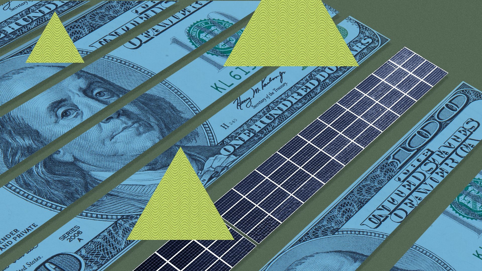 Illustration of rows of solar panels with abstract shapes and money elements.