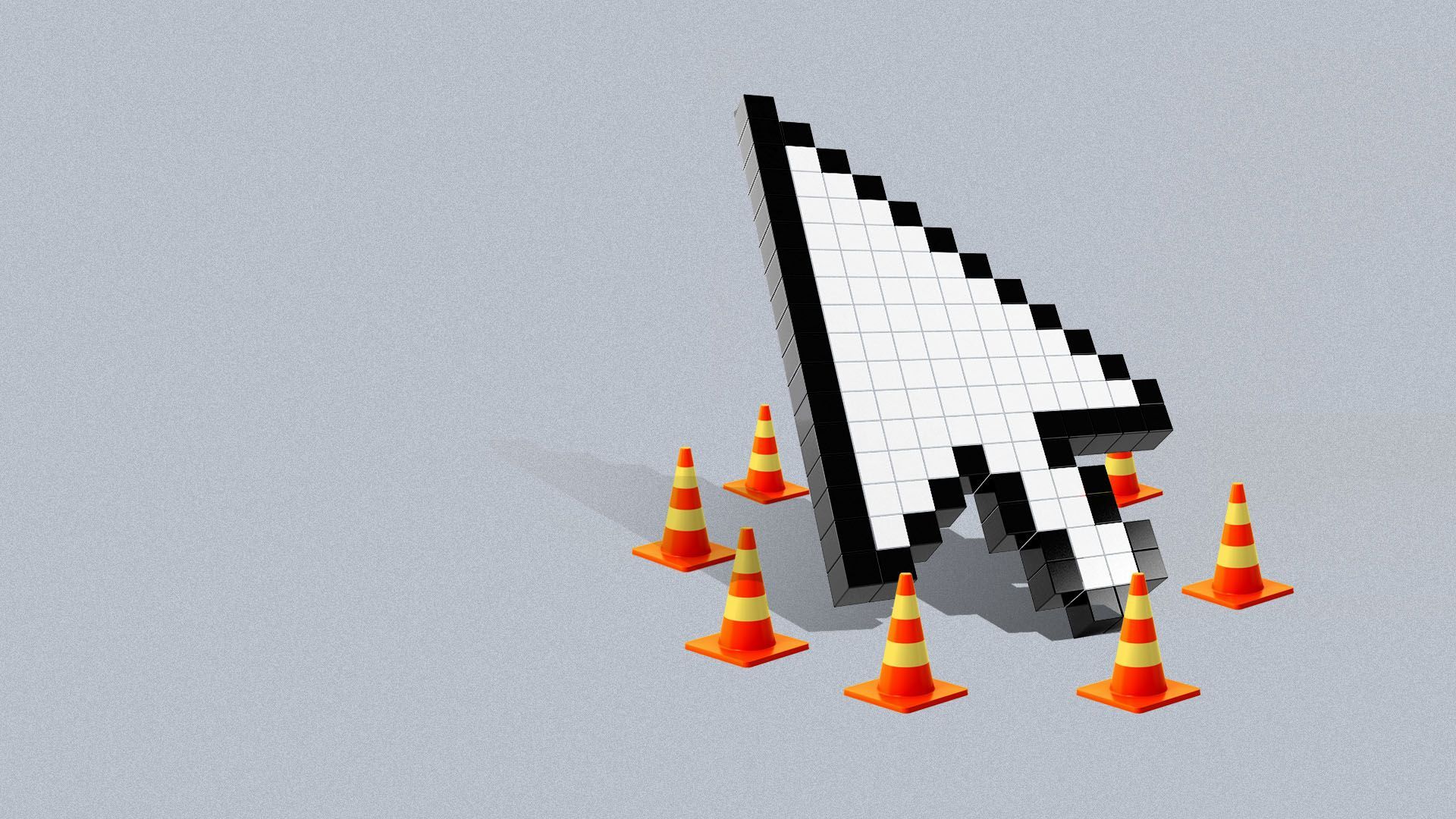 Illustration of three dimensional computer cursor surrounded by orange safety cones