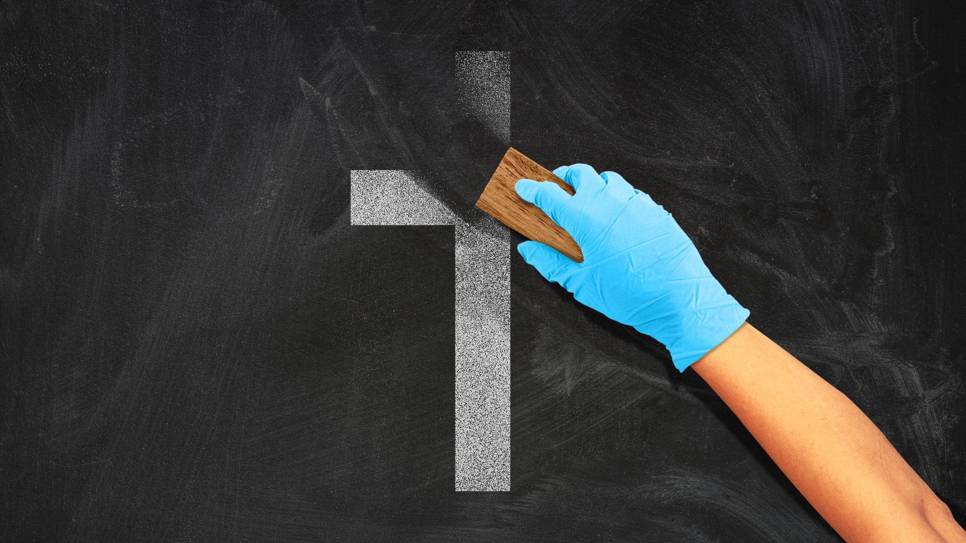 Illustration of gloved hand erasing chalk drawing of a Christian cross