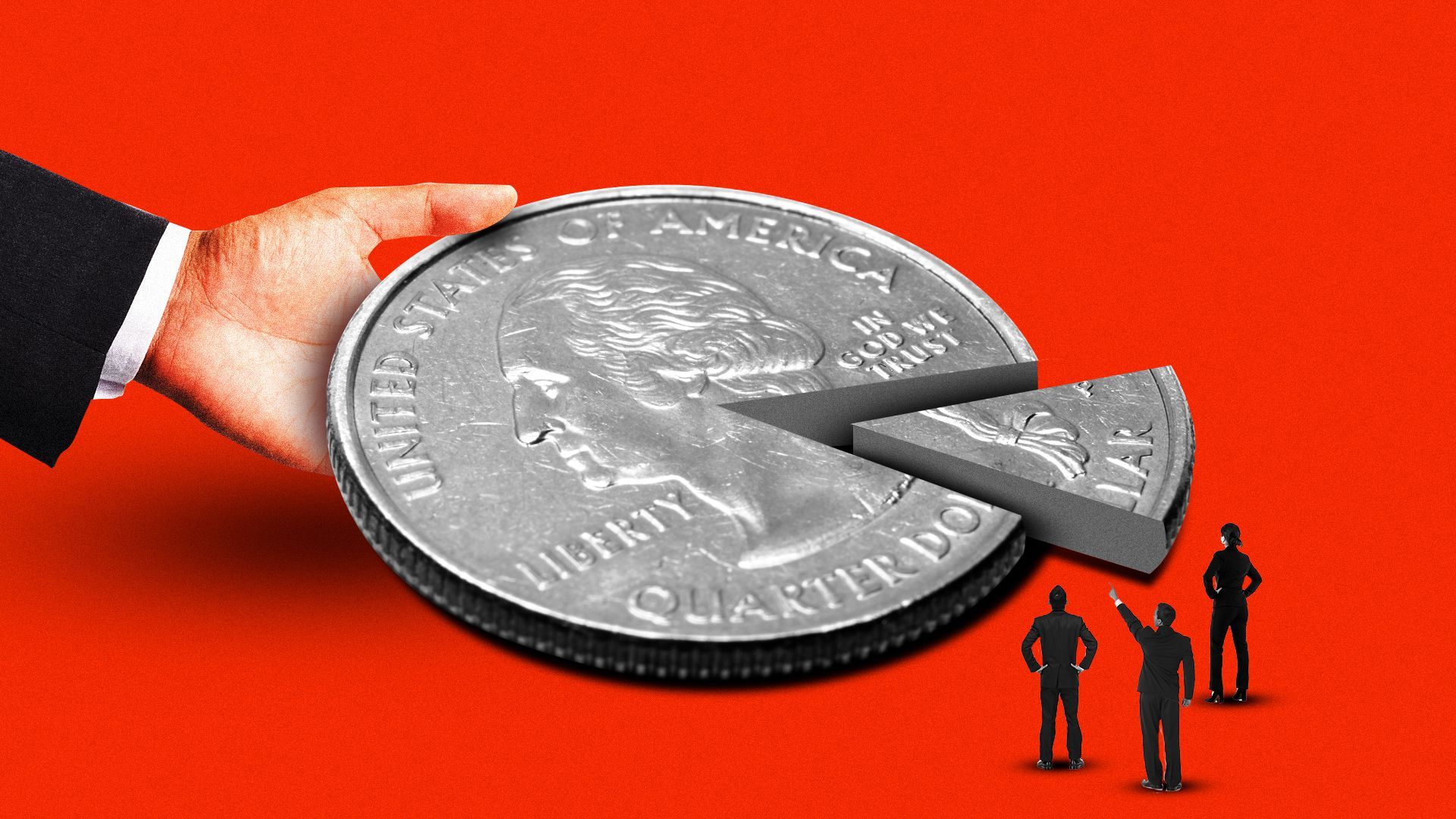 Illustration of a large hand taking a large piece of a quarter with smaller people standing next to a small piece of the quarter. 