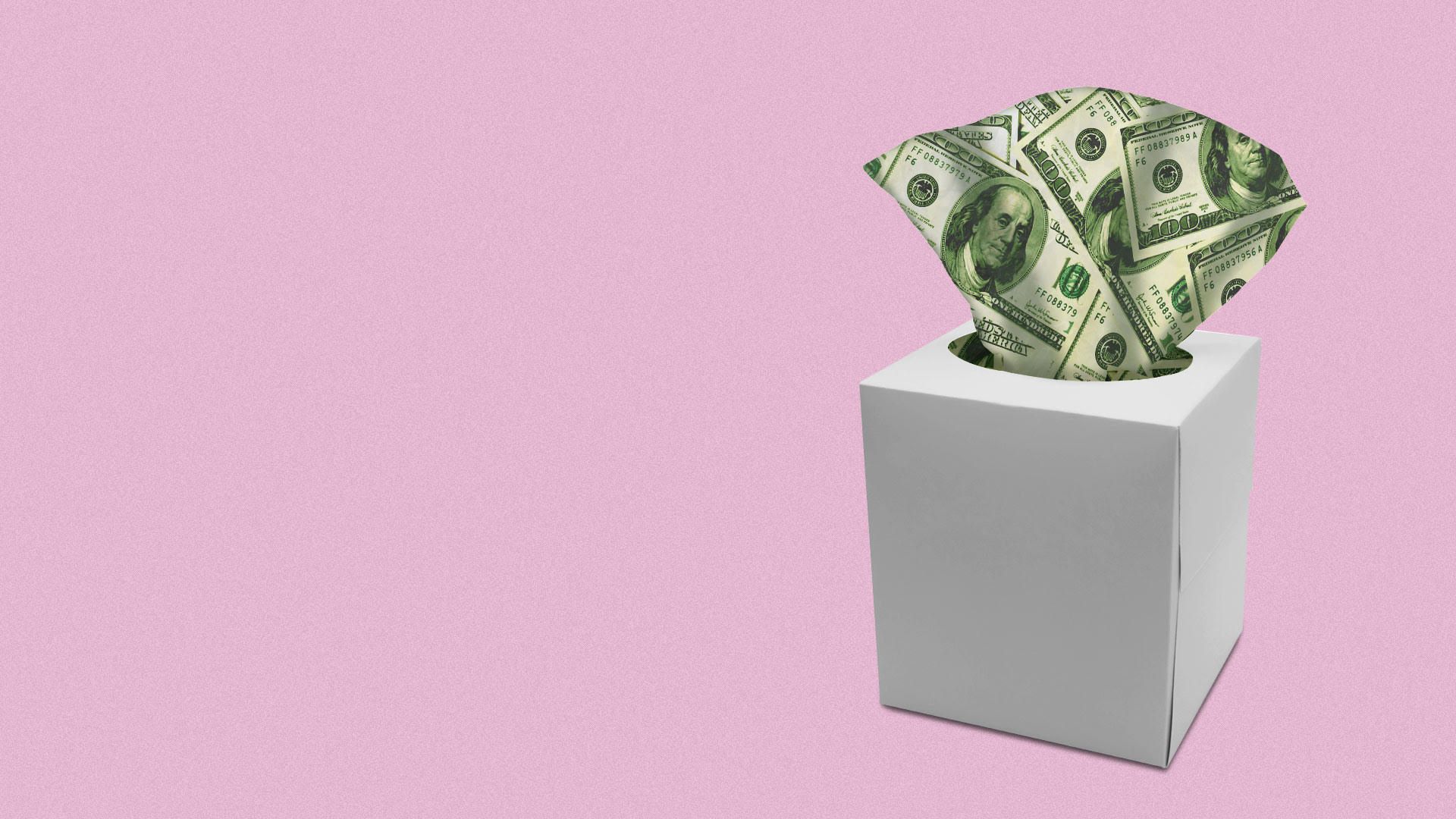 Illustration of tissue box with money patterned paper.