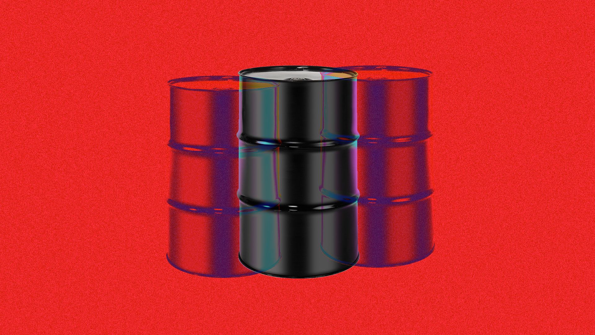 Illustration of an oil barrel seen double in psychedelic colors. 