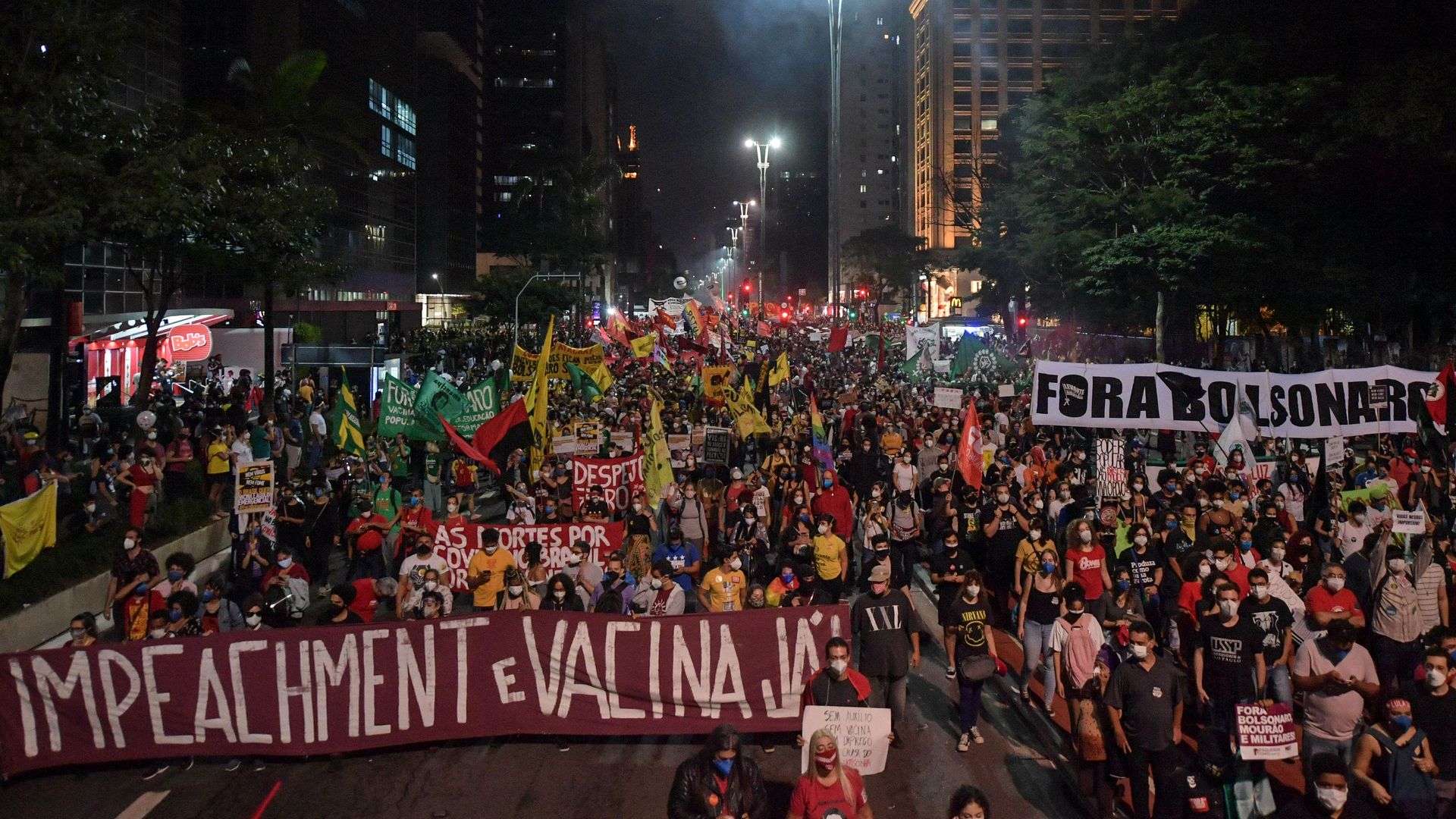 Demonstrators take part in a protest against Brazilian President Jair Bolsonaro's handling of the COVID-19 pandemic in Sao Paulo, Brazil on May 29