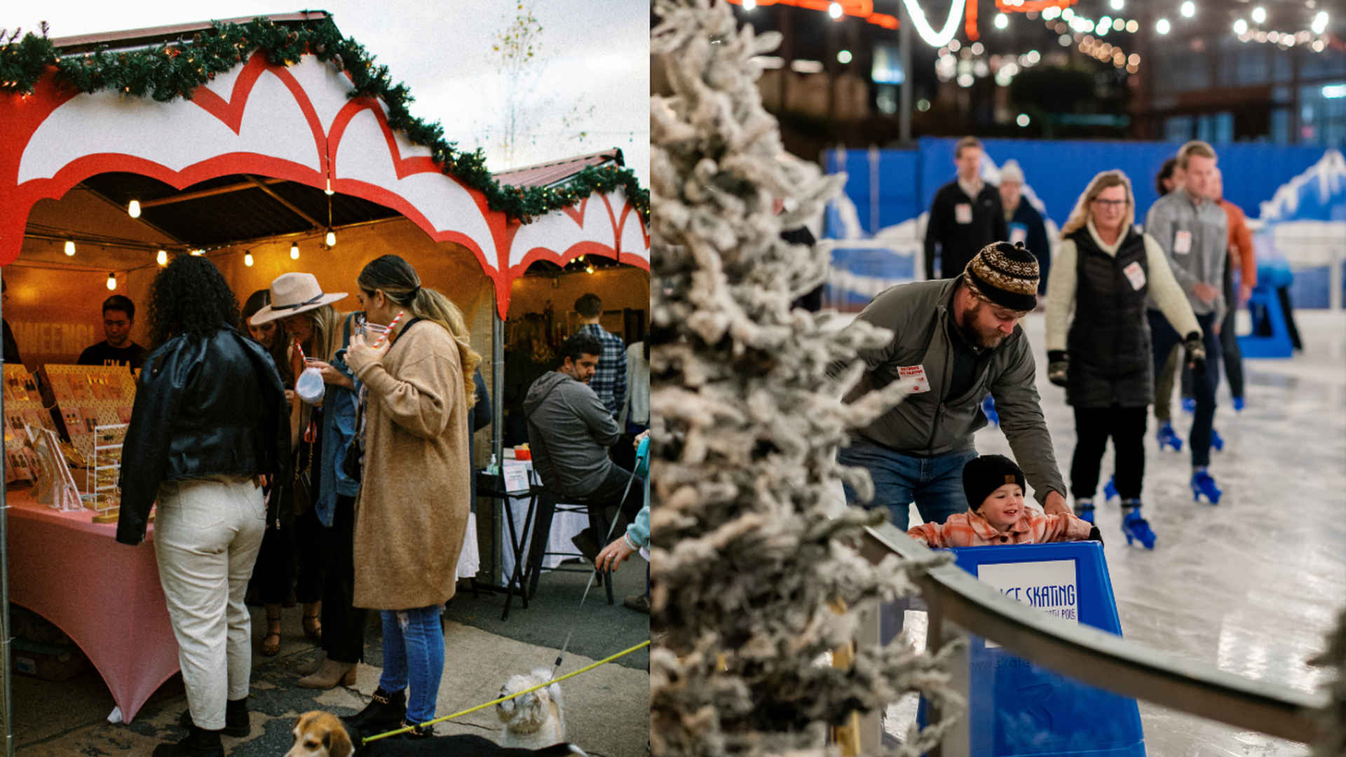 Left: People browsing a holiday market stall with red and white tent and garland. Right: A man helps a child use a blue ice skating aid on an indoor rink with other skaters.