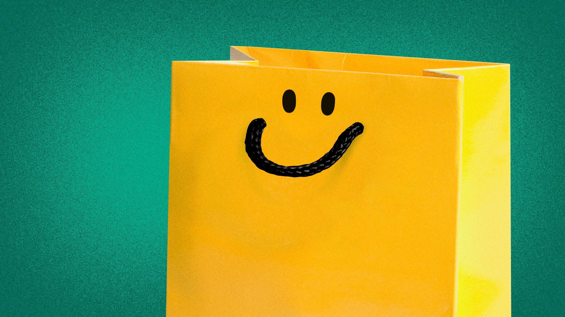 Illustration of a shopping bag with the handle becoming a smiley face.