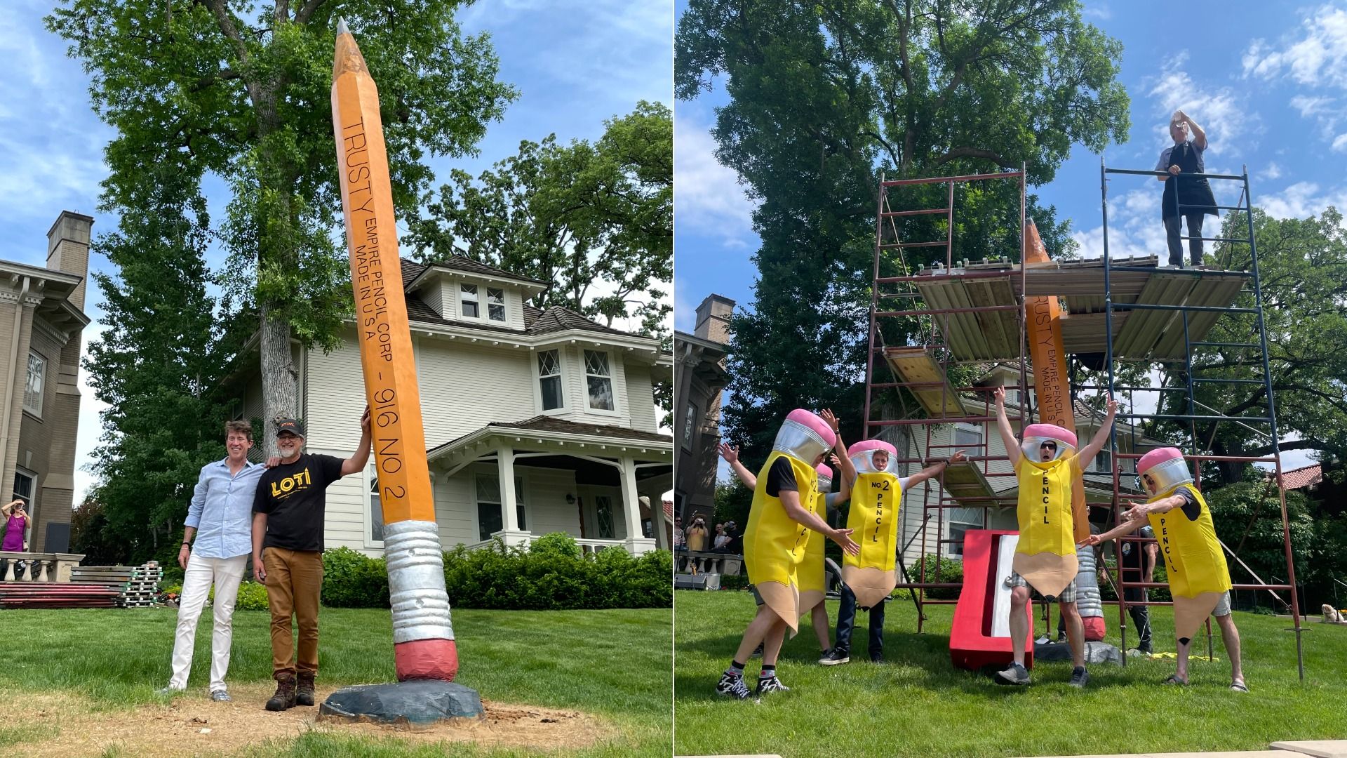 John Higgins and Curtis Ingvoldstad standing next to a giant Number Two Pencil Sculpture.