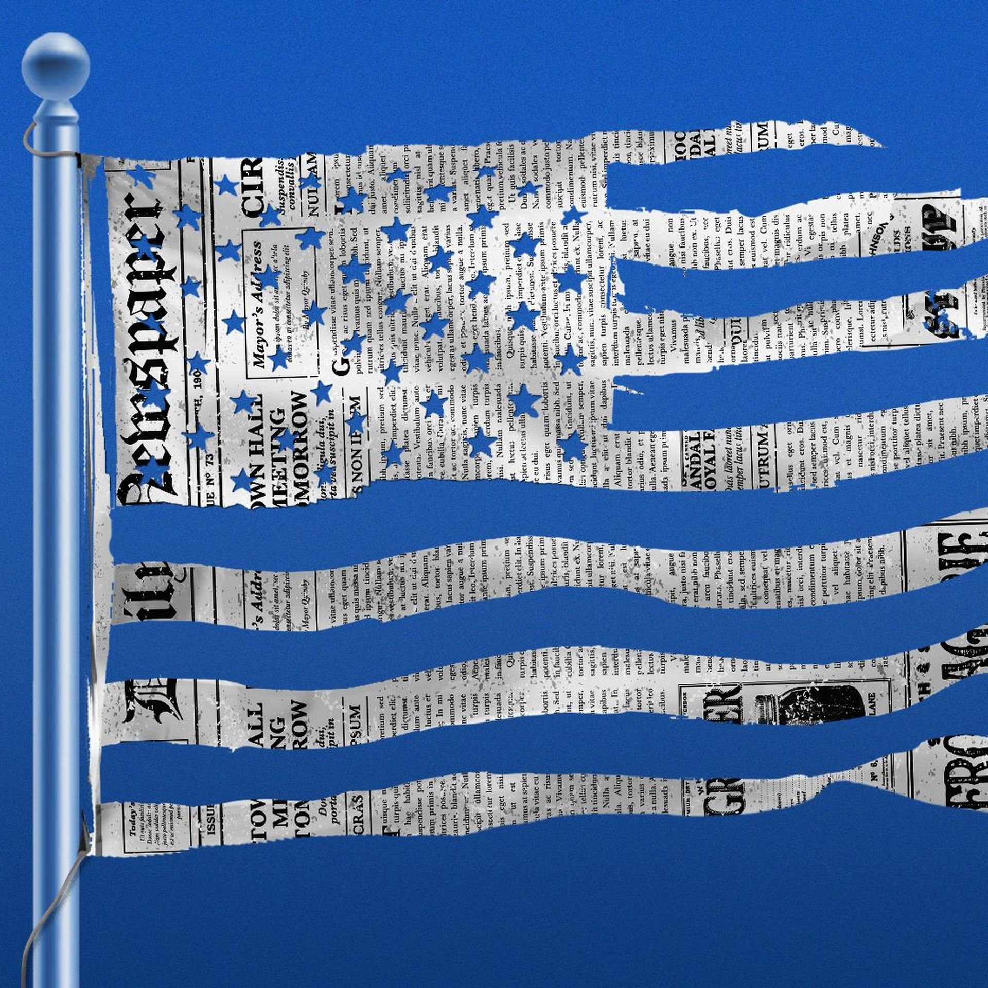Illustration of a tattered newspaper flying on a flagpole. 