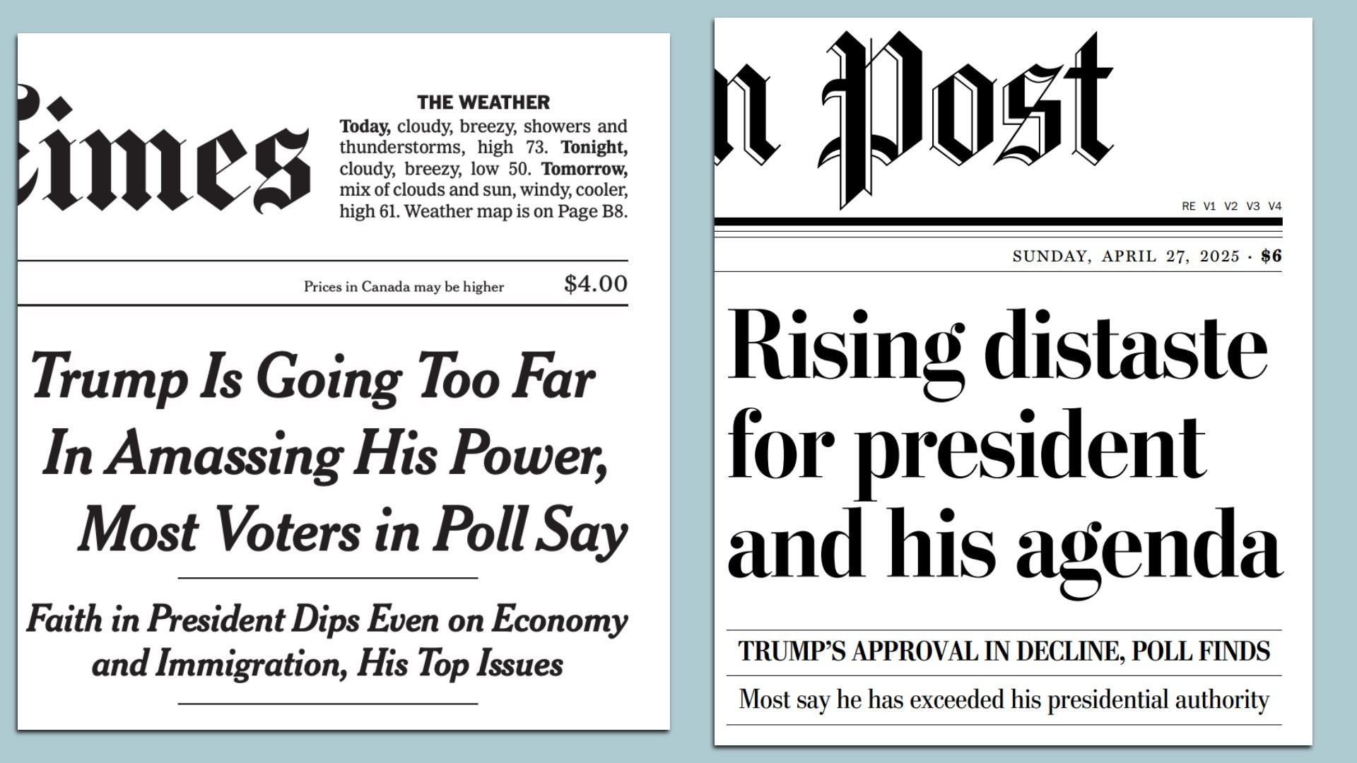Two photos show NYT and WaPo headlines about Trump's low polling numbers