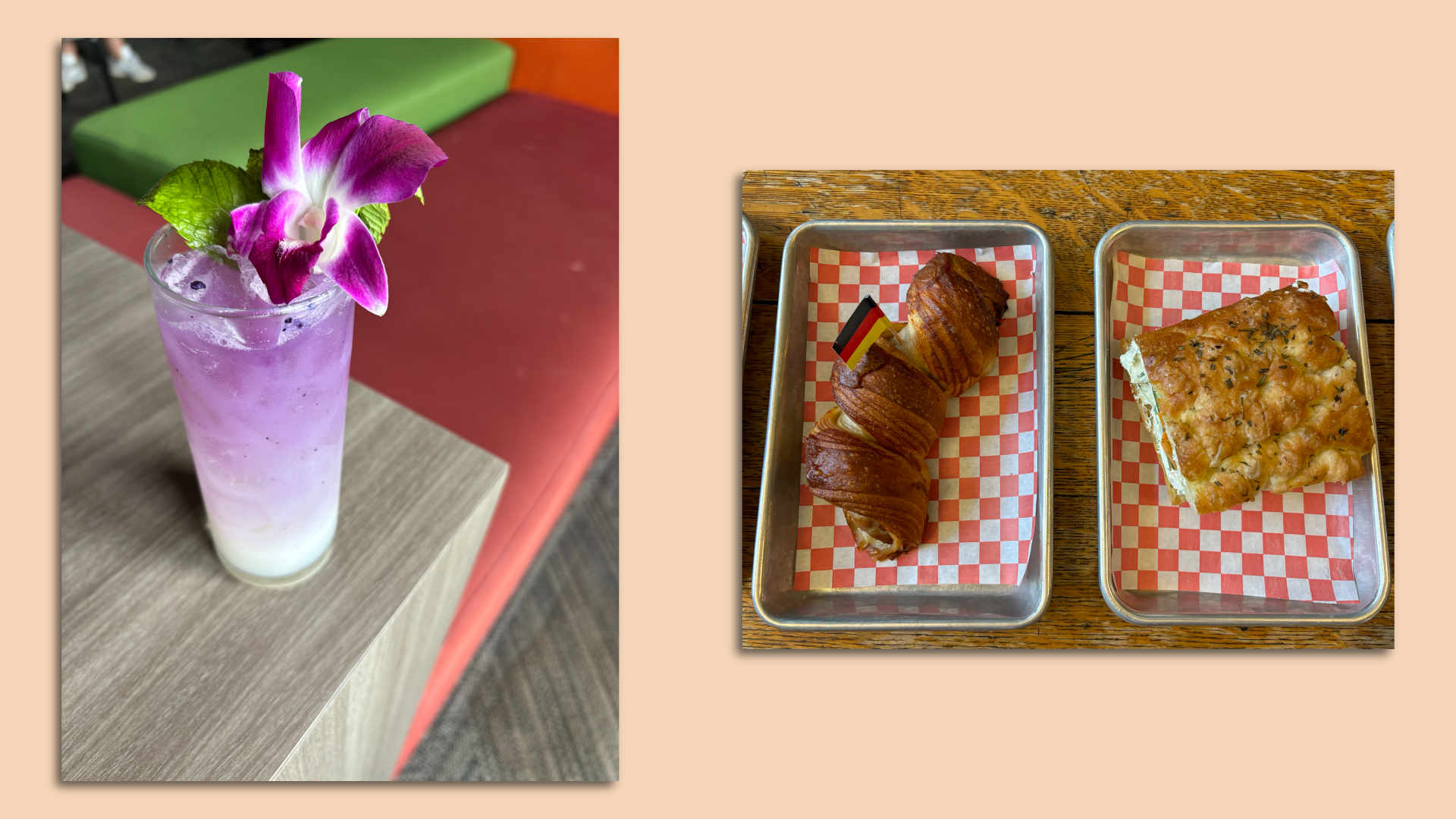 A photo of a cocktail with a flower and side by side baked goods.