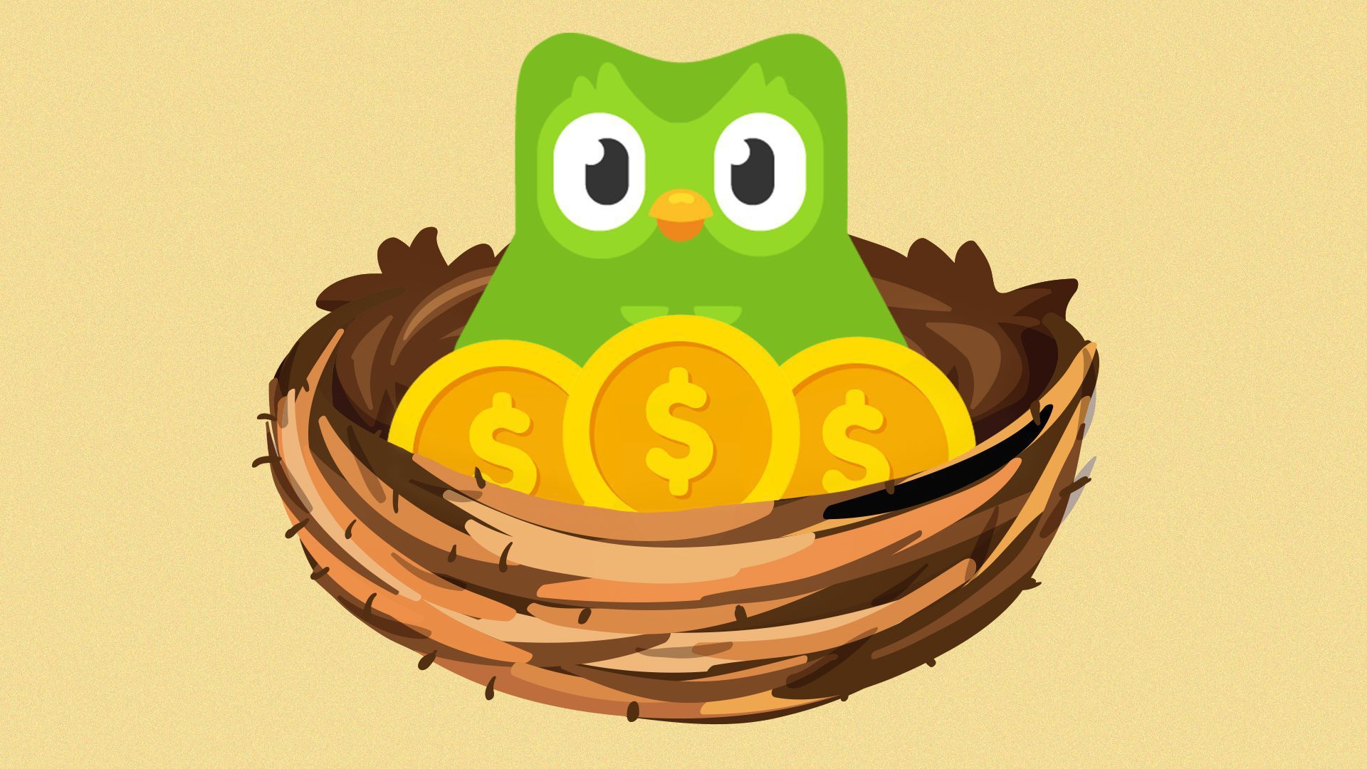 Duolingo Bird in nest with gold coins.