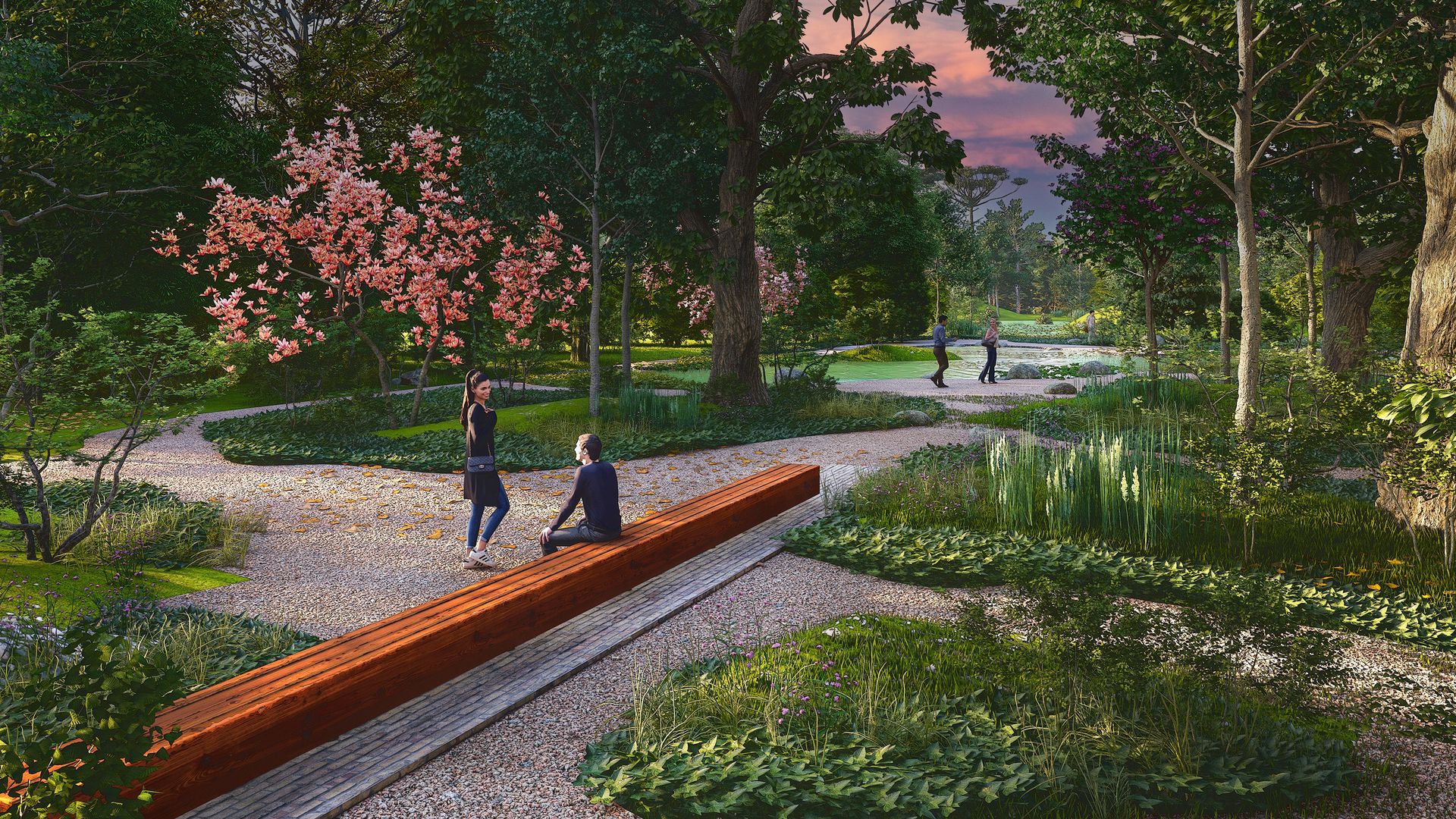A rendering of the proposed arboretum shows green space with a long bench.