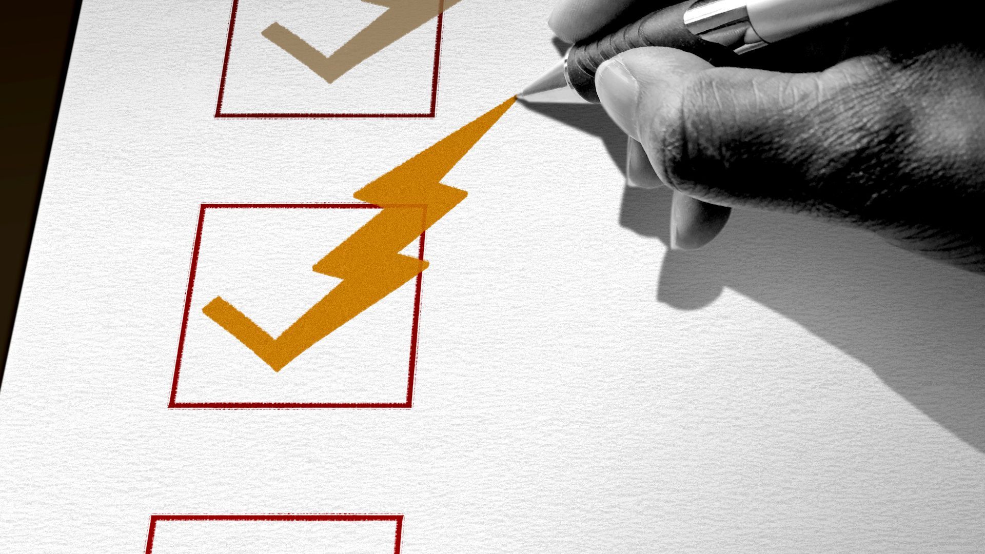 Illustration of a hand checking boxes, with the checkmarks taking the shape of a lightning bolt.