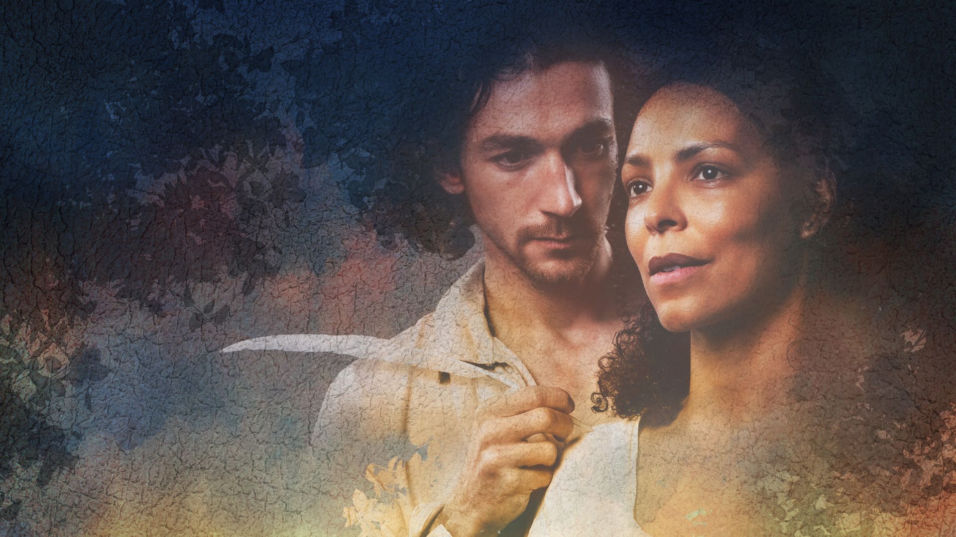 A man with dark curly hair and beige shirt holds a sword behind a woman with curly hair and calm expression, set against a textured, faded background with floral and smoky elements.