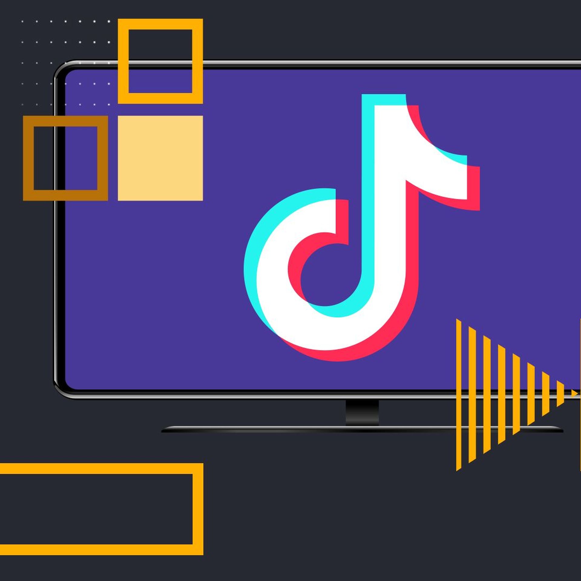 Photo illustration of the TikTok logo on a monitor surrounded by abstract column shapes.