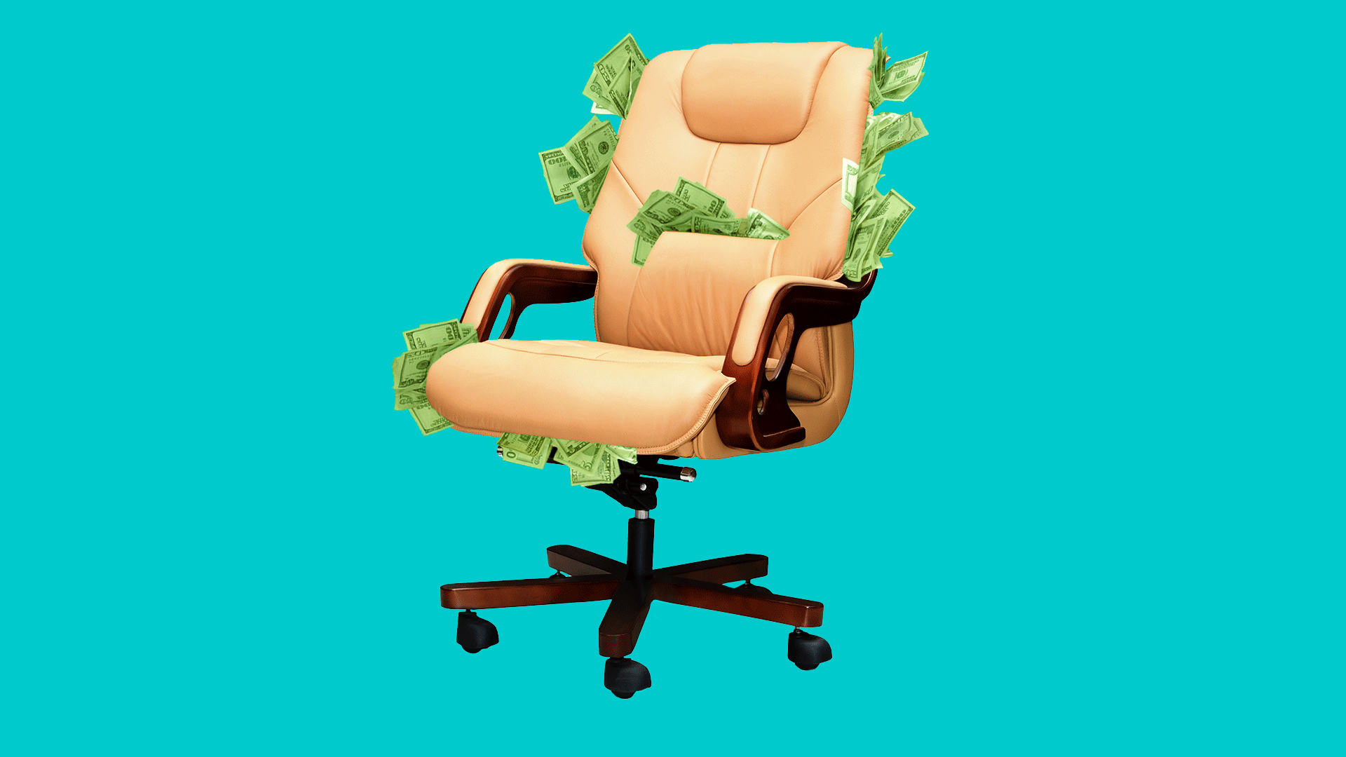In this illustration, a beige office chair is overstuffed with money in front of a turquoise background.