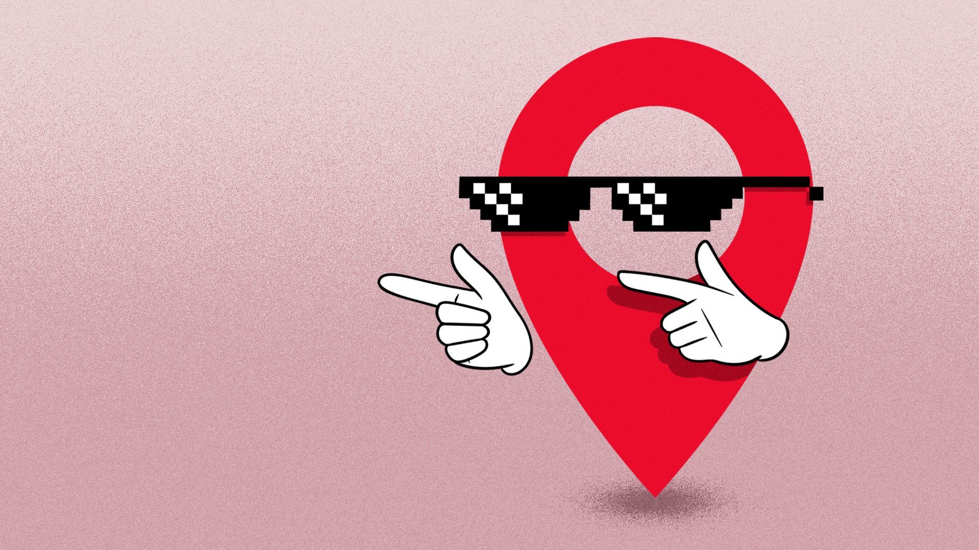 Illustration of a locator icon with finger guns and cool meme sunglasses. 