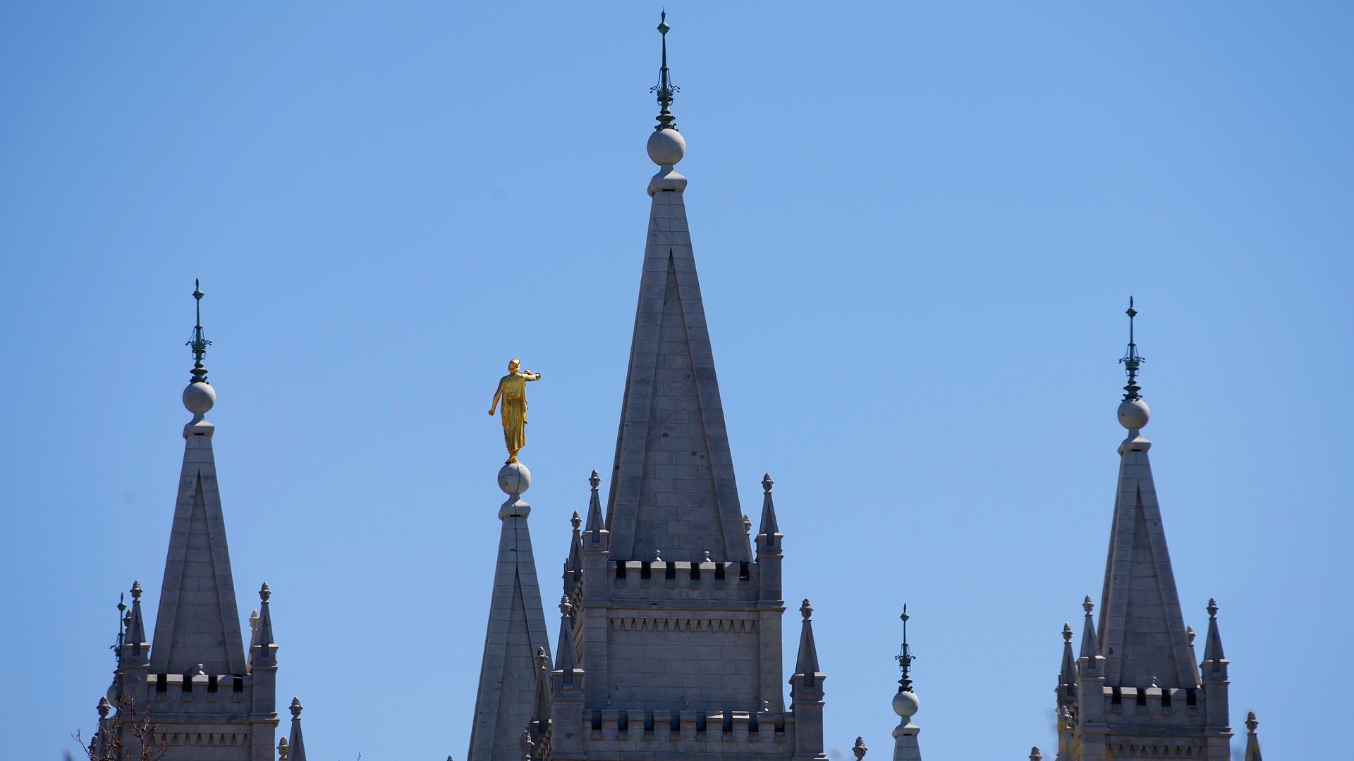 The spires of the Salt Lake City temple of the Church of Jesus Christ of Latter-day Saints.