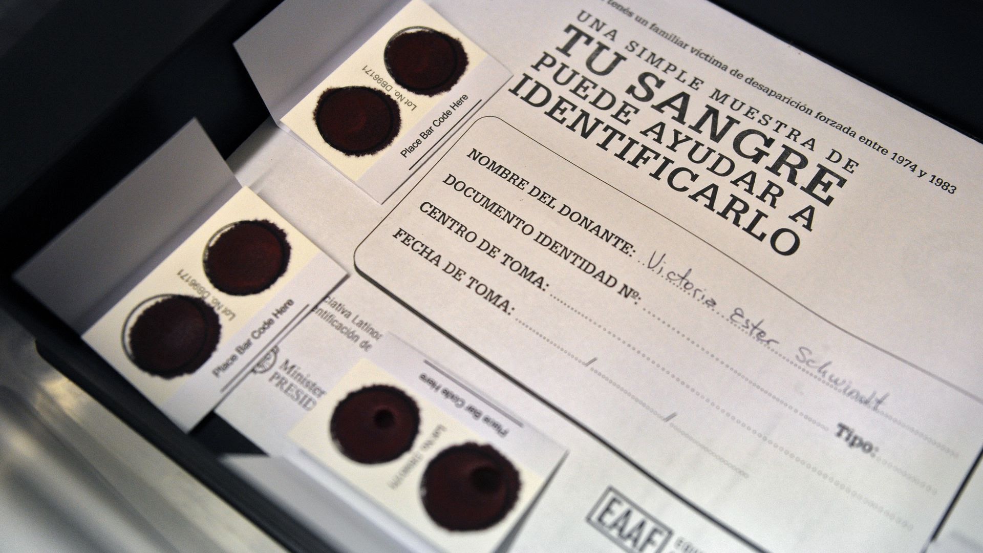 An intake sample kit for the campaign to collect DNA samples, which is being promoted with the hashtag #ArgentinaTeBusca (Argentina is looking for you). Photo: Juan Mabromata/AFP via Getty Images