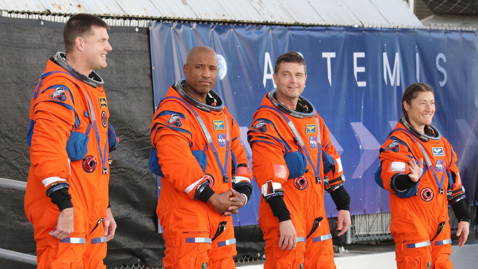 Artemis II lunar mission astronauts at the Kennedy Space Center in Cape Canaveral, Fla., on Dec. 20, 2025. (L-R) Jeremy Hansen, Christina Koch, NASA astronaut, Victor Glover and Reid Wiseman.