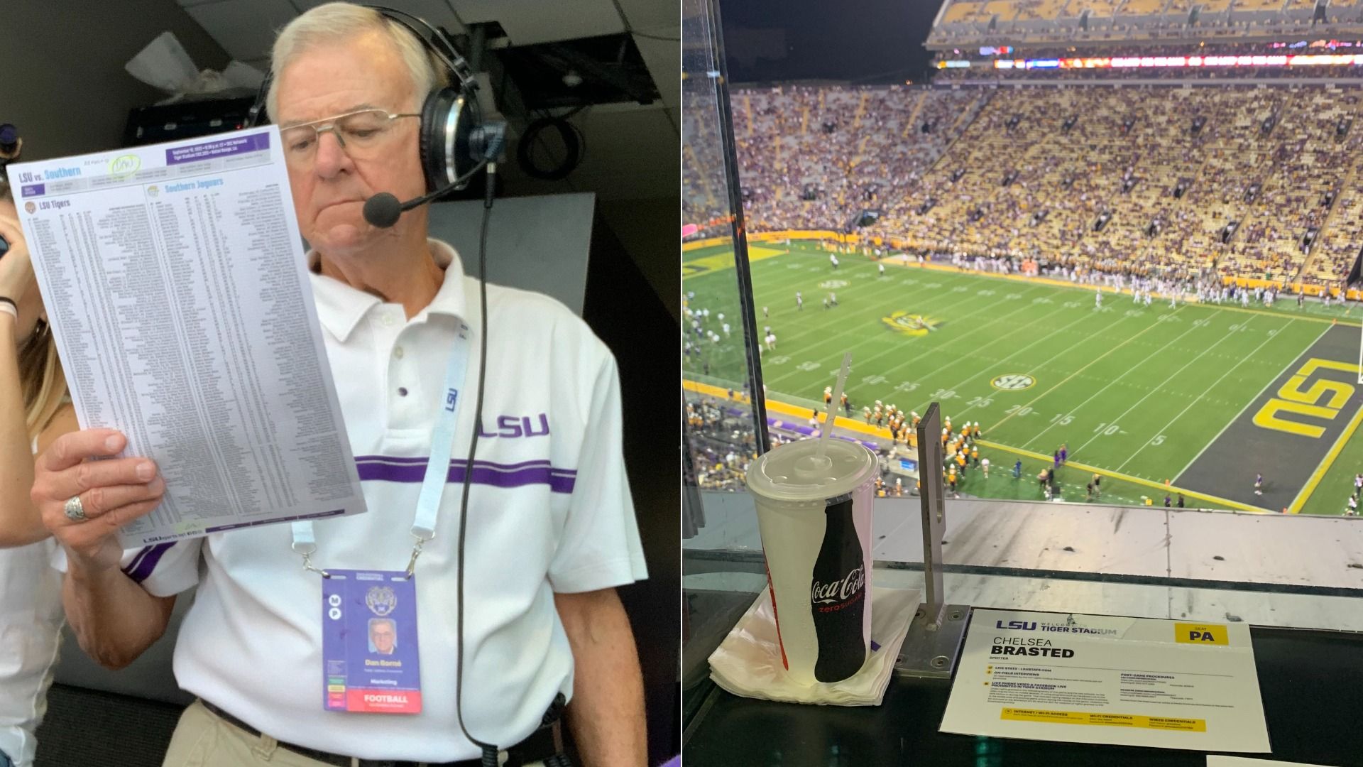 Man wearing white LSU shirt and headset holding a game program. Adjacent image shows an LSU football field viewed from the press box with a Coca-Cola cup and a nameplate for Chelsea Brasted.