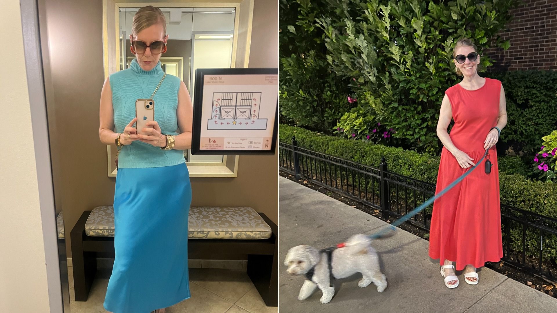 Left: indoor mirror selfie of Carrie Shepherd, wearing turquoise sleeveless top and satin blue skirt. Right: outdoors, in a red sleeveless dress, walking a small white dog.