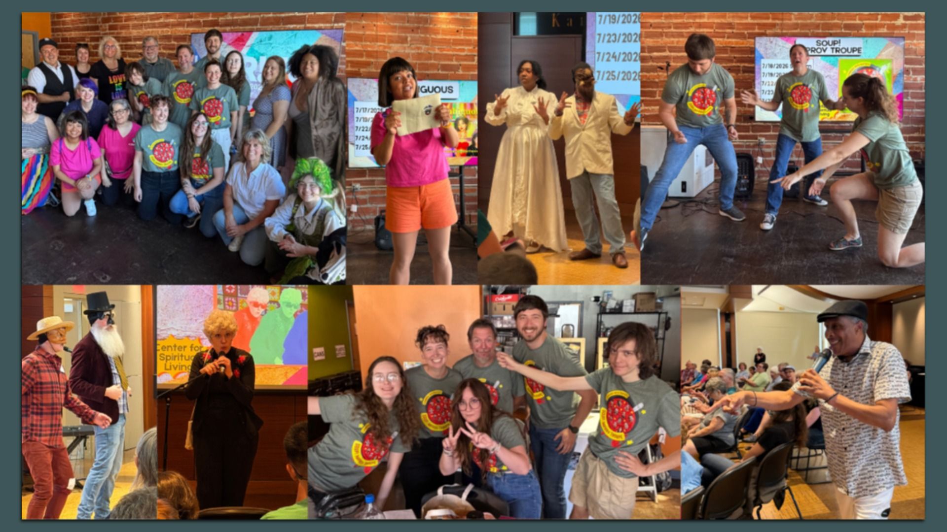 A collage of diverse attendees at a brick-walled community event, many wearing gray shirts with a red-yellow circular logo; features a group photo, a host with a sign, and dancing/performing scenes.