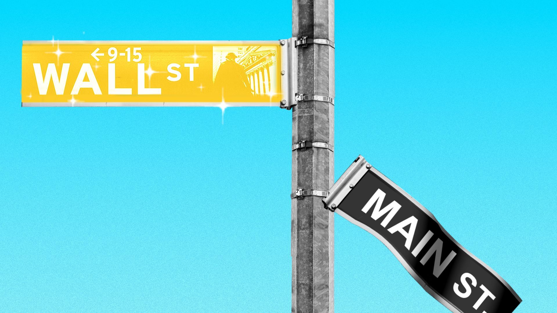 Illustration of a gold glittering Wall St. sign above a broken Main St. sign. 