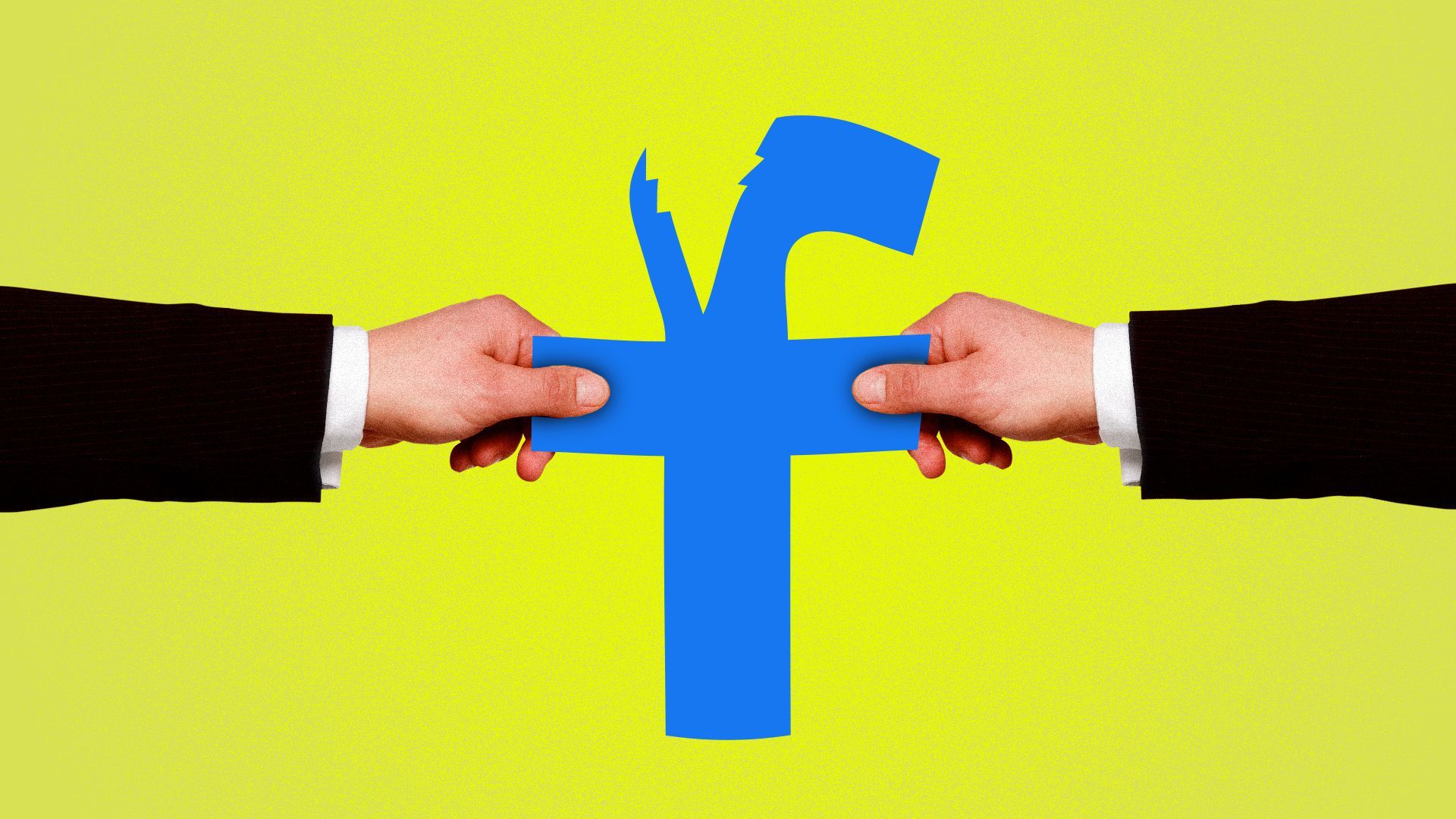 Illustration of a Facebook logo being torn in half by two hands on opposing sides of the screen.  