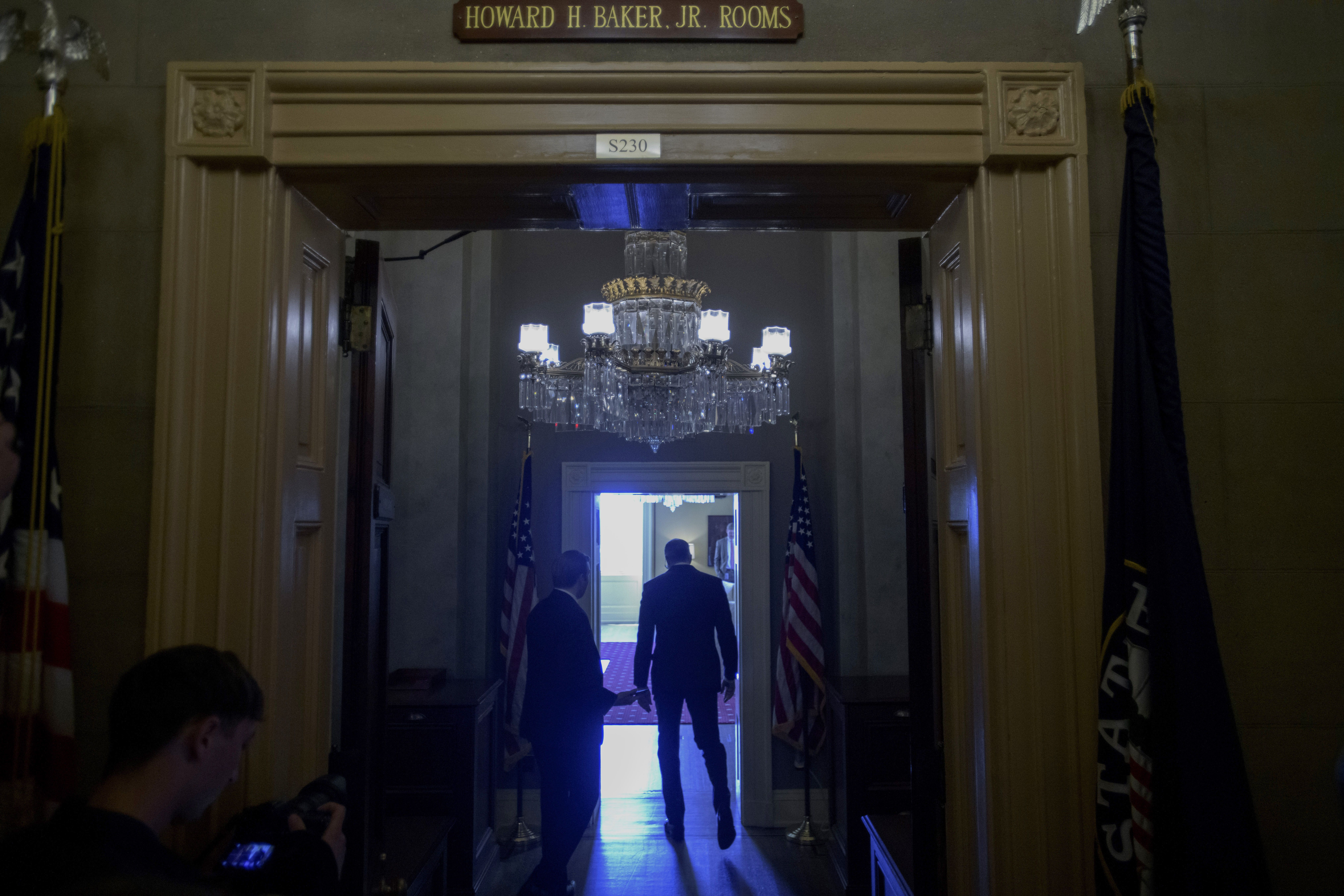 Senate Majority Leader John Thune walks to his office from the Senate chamber yesterday. Photo: Rod Lamkey Jr./AP