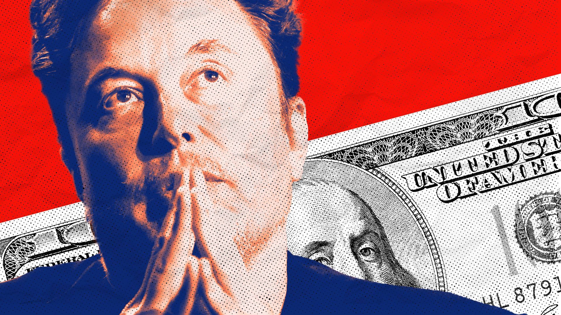 Photo illustration of Elon Musk with a 100 dollar bill behind him