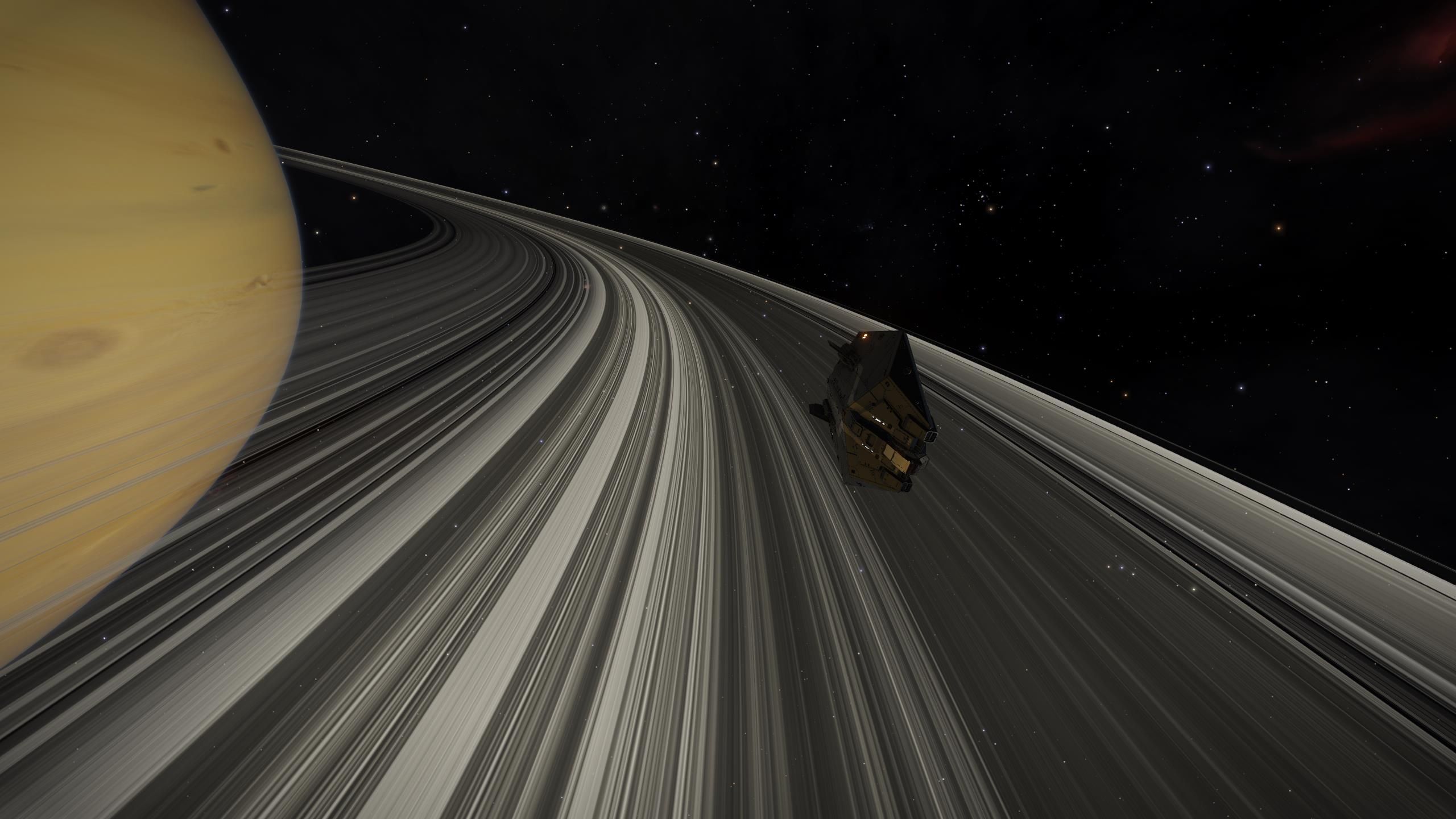 Video game screenshot of a spaceship flying over the rings of Saturn