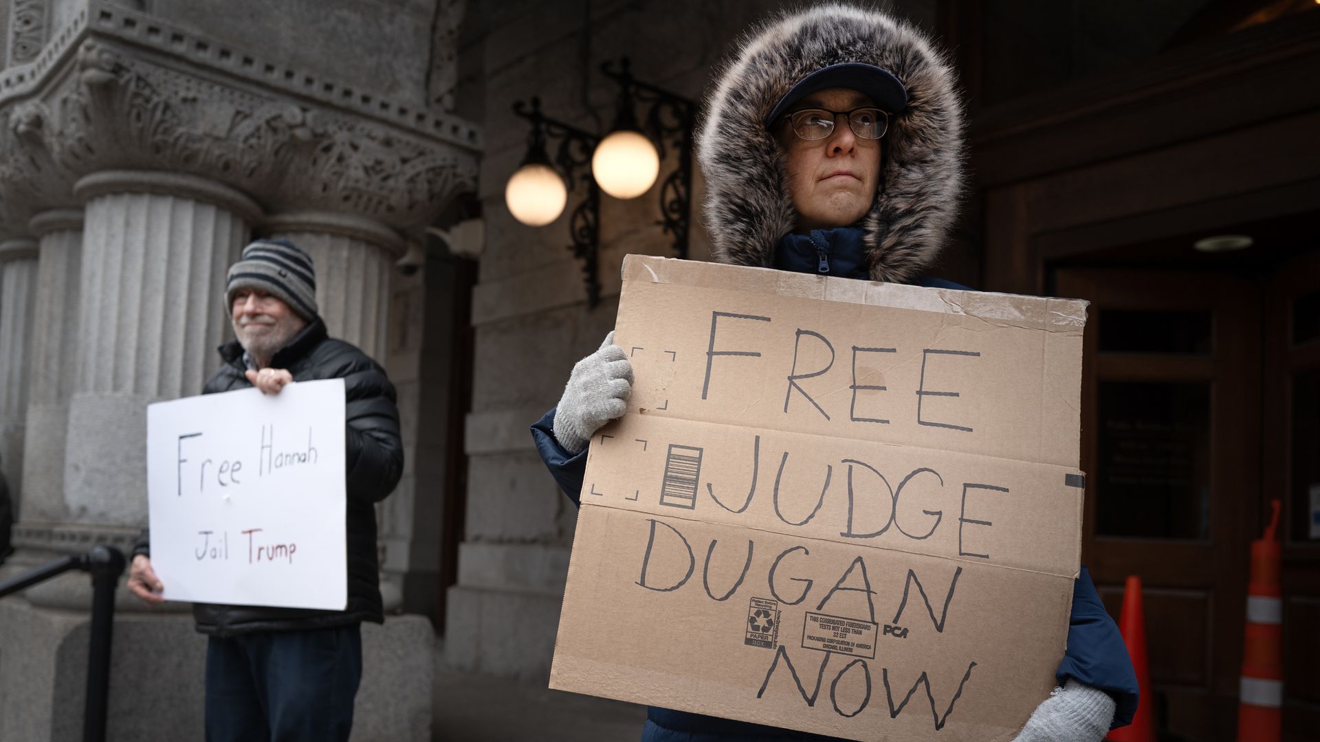 Demonstrators protest in front of the federal courthouse where Milwaukee County Circuit Judge Hannah Dugan appeared in in front of a judge after being arrested by the FBI as she arrived for work this morning at the Milwaukee County Courthouse on April 25, 2025 in Milwaukee, Wisconsin. Photo: Scott O