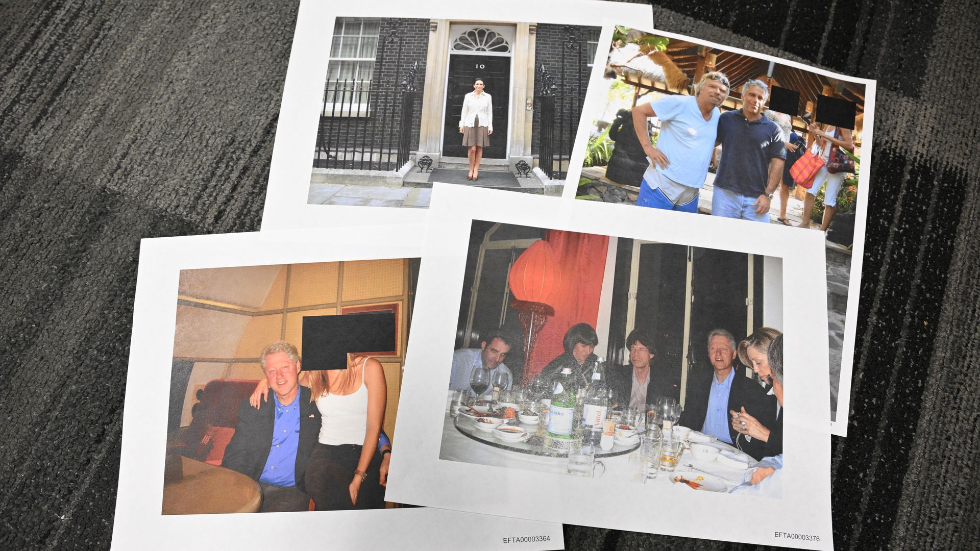 A photo collage including Bill Clinton, Mick Jagger, Richard Branson and Ghislaine Maxwell is displayed in Washington, D.C., after the Justice Department released documents related to the Jeffrey Epstein case.