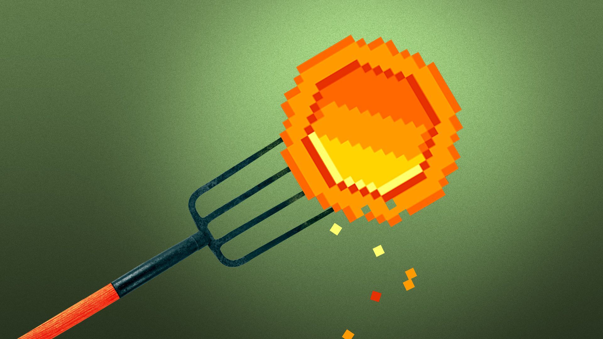Illustration of a pitchfork spearing a digital coin with pieces falling away