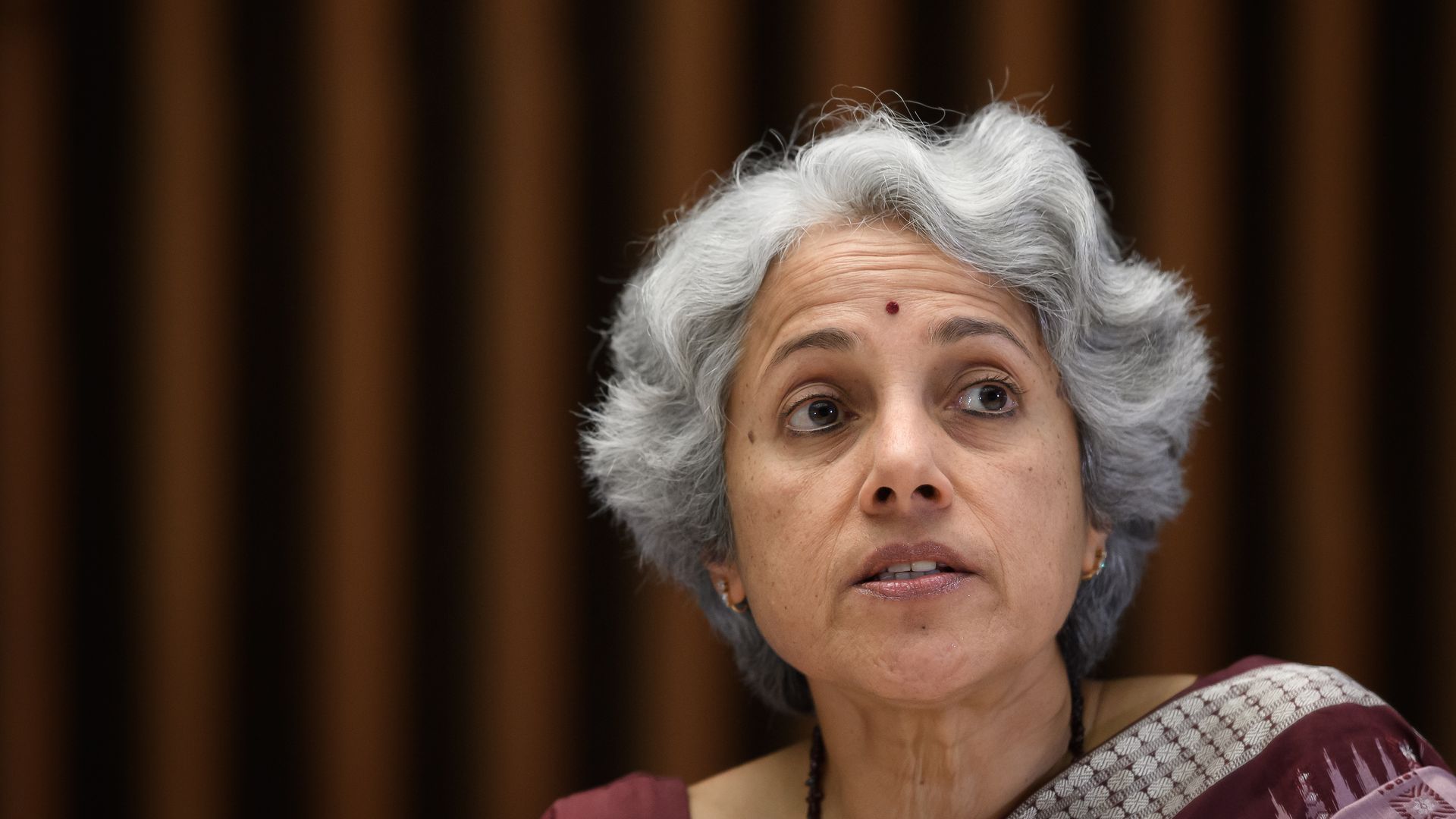 World Health Organization (WHO) Chief scientist Soumya Swaminathan attends a combined news conference following a two-day international conference on COVID-19 coronavirus vaccine research