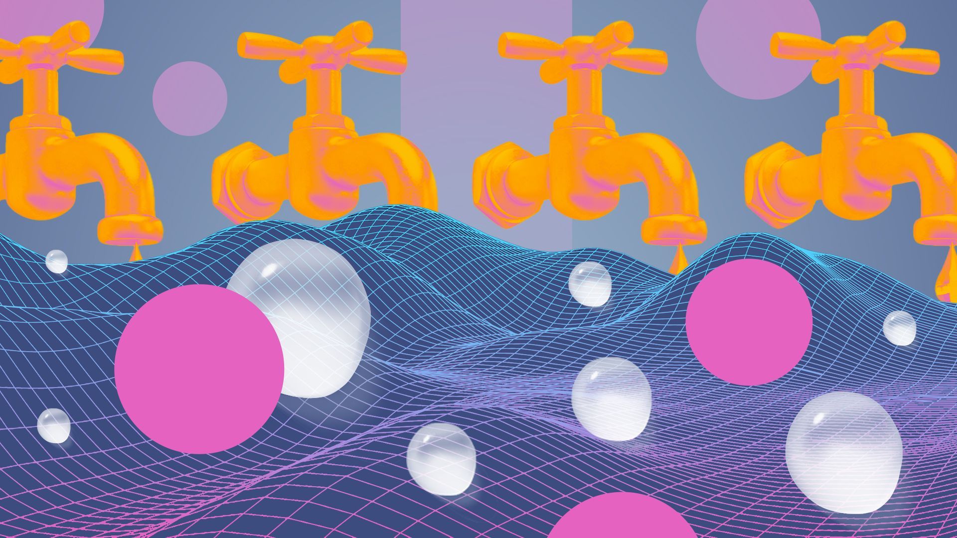 Illustration of a wireframe futuristic landscape with large water faucets in the distance surrounded by abstract circles and radical colors