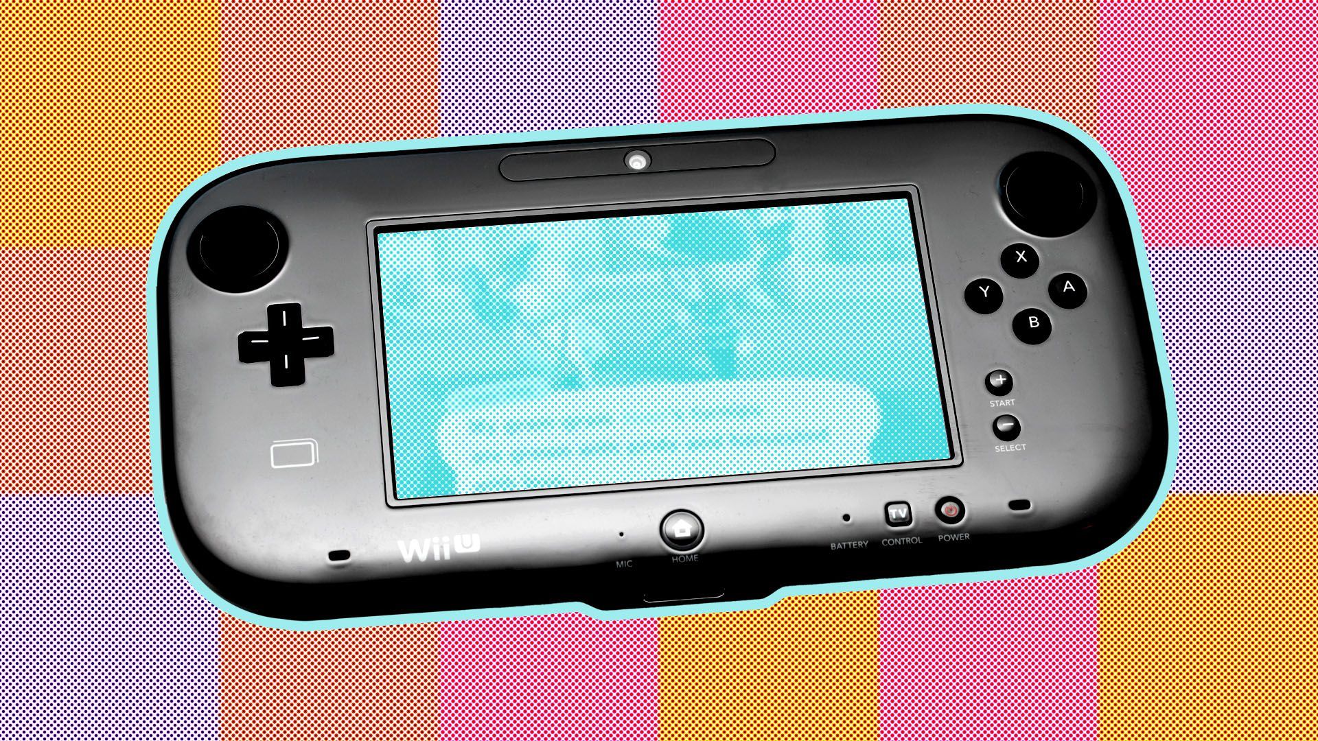 Illustration of a Wii U on a patterned background