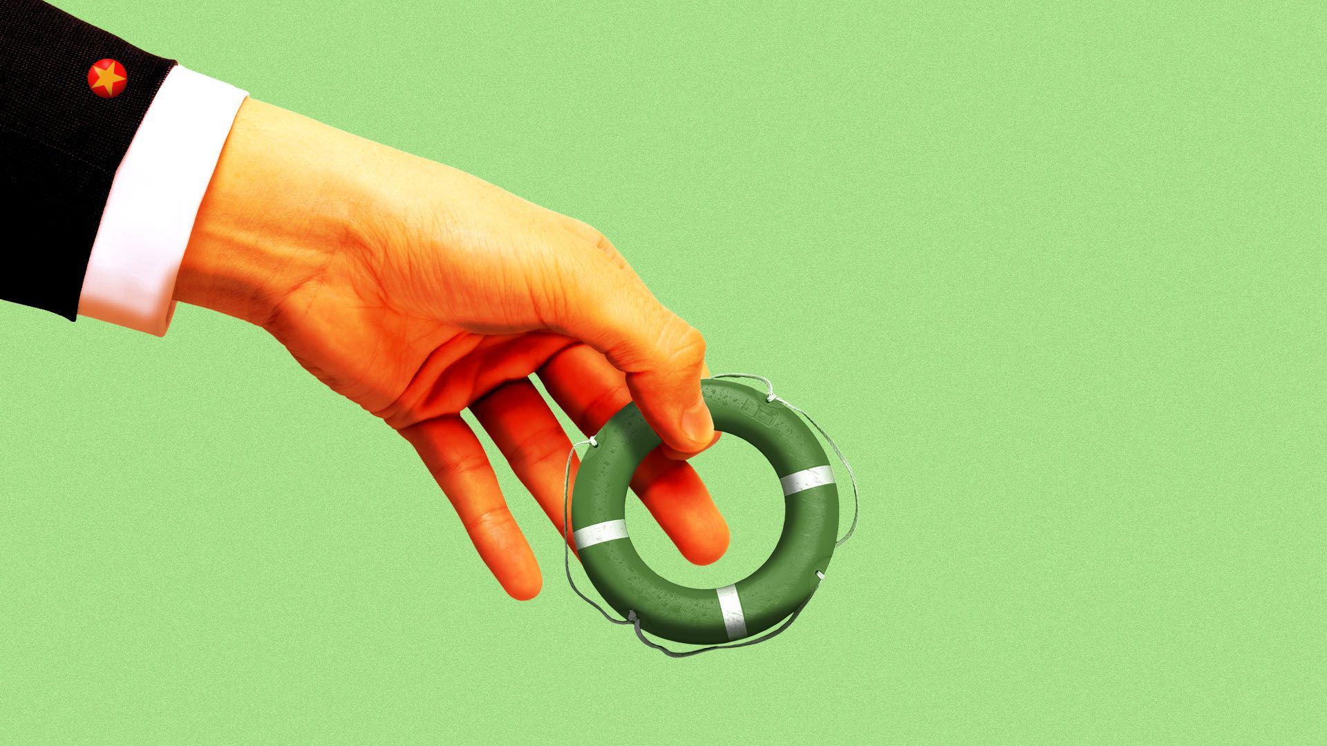 Illustration of a hand in a suit with a chinese flag cuff link holding a tiny life ring