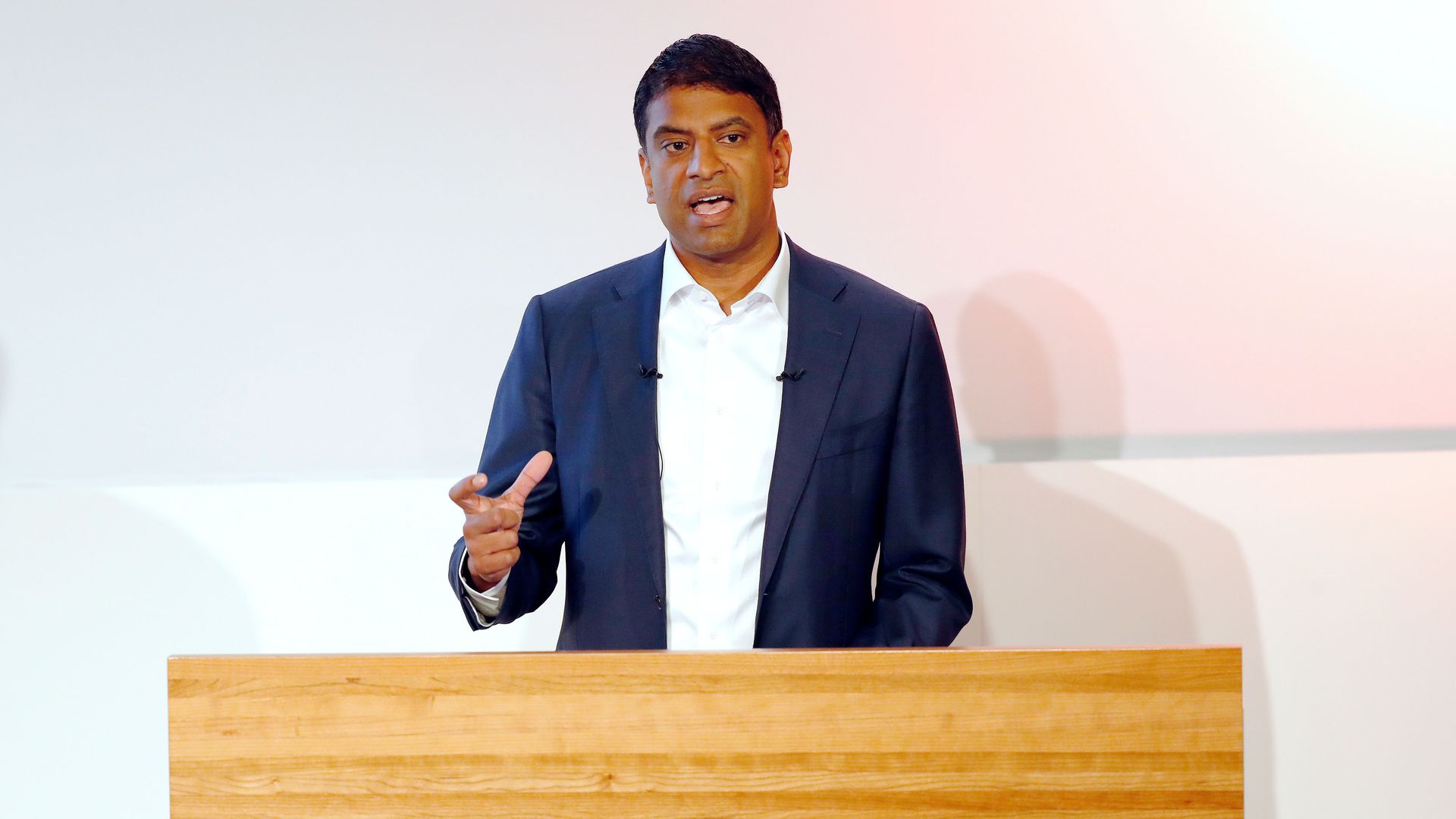 Novartis CEO Vas Narasimhan talks at a forum.