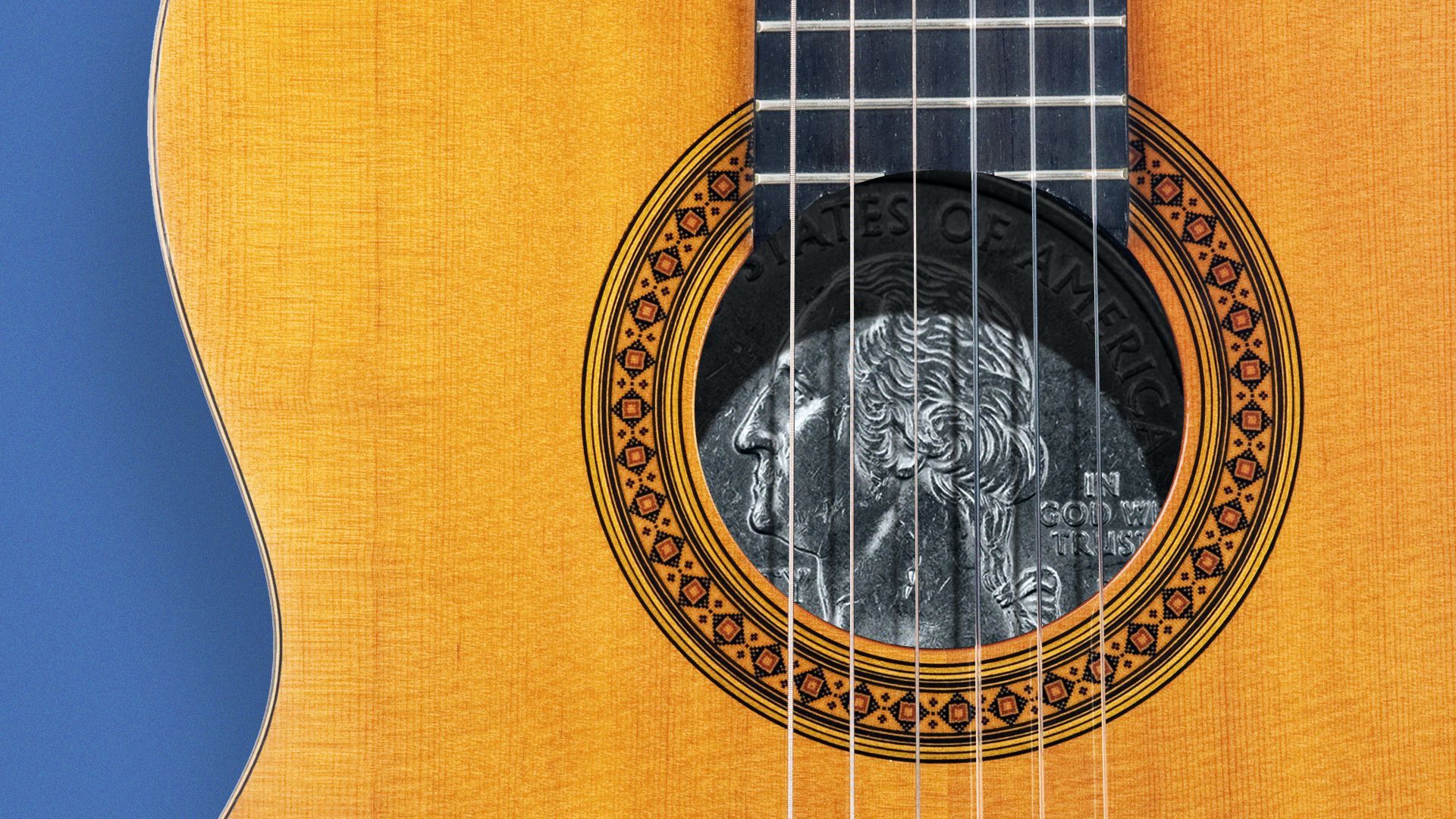 Illustration of a quarter inside a guitar.