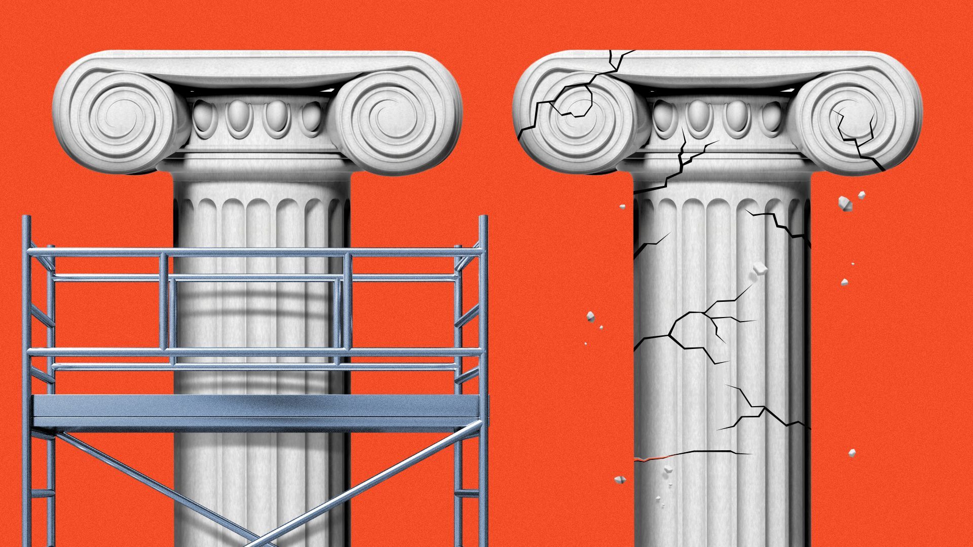 Illustrations of two marble columns, one of which has scaffolding and the other of which features cracks and is falling apart 