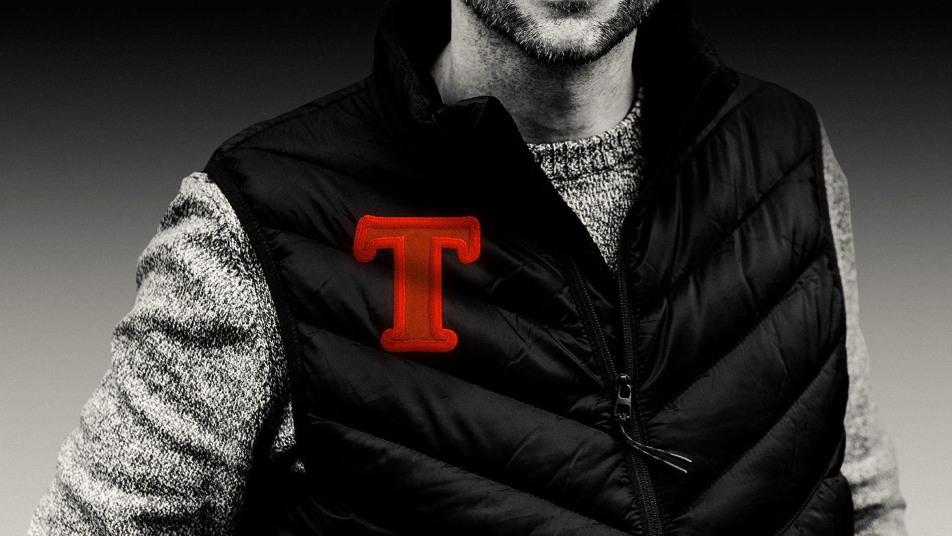 Illustration of a man wearing a puffer vest with a scarlet