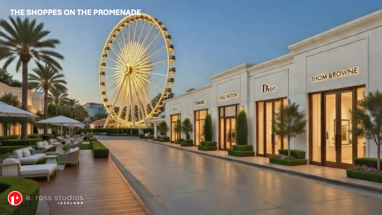 Luxurious outdoor shopping promenade with white storefronts (Dior, Louis Vuitton, Thom Browne), a large Ferris wheel, palm trees, and stylish seating along a wide tiled walkway.