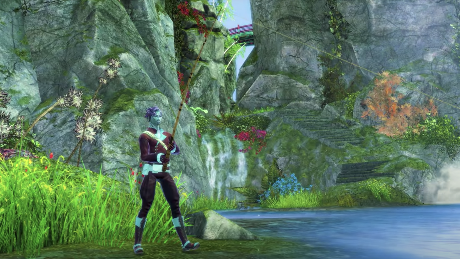 Screenshot of a video game character fishing