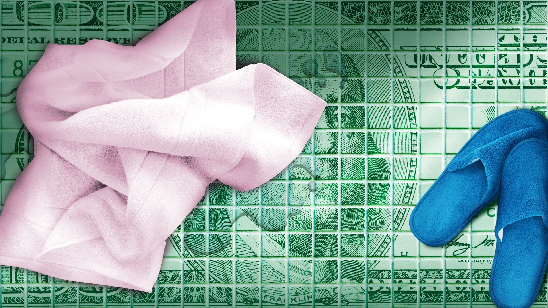 Illustration of a crumpled towel and slippers lying on a tiled bathroom floor with a hundred dollar bill overlay