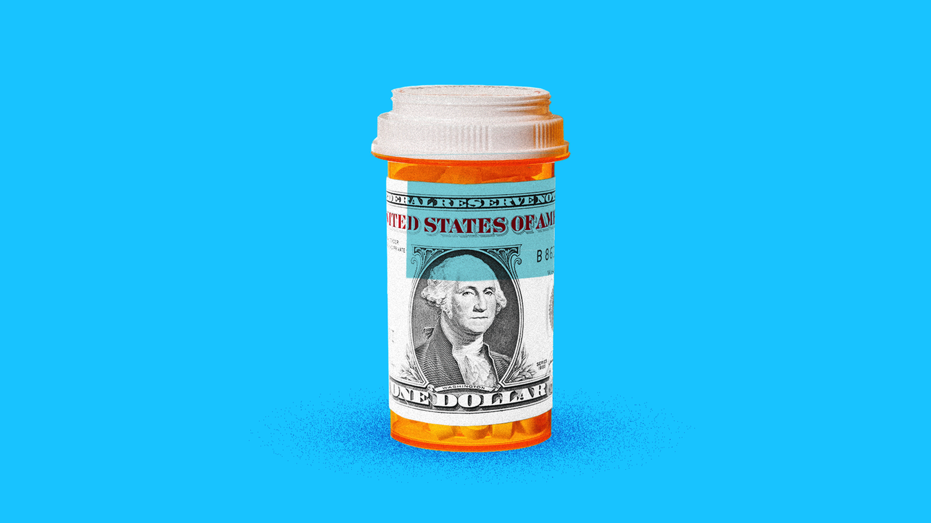 An illustration of a medicine bottle with a dollar wrapped around it. 