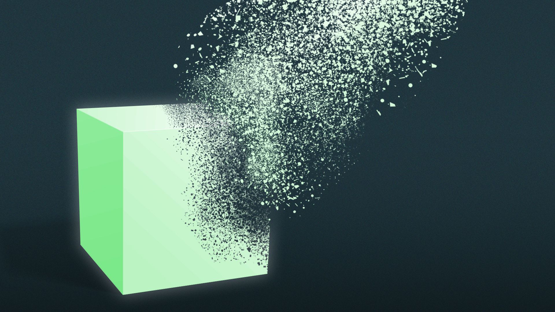 Illustration of a blockchain cube disintegrating into pieces.
