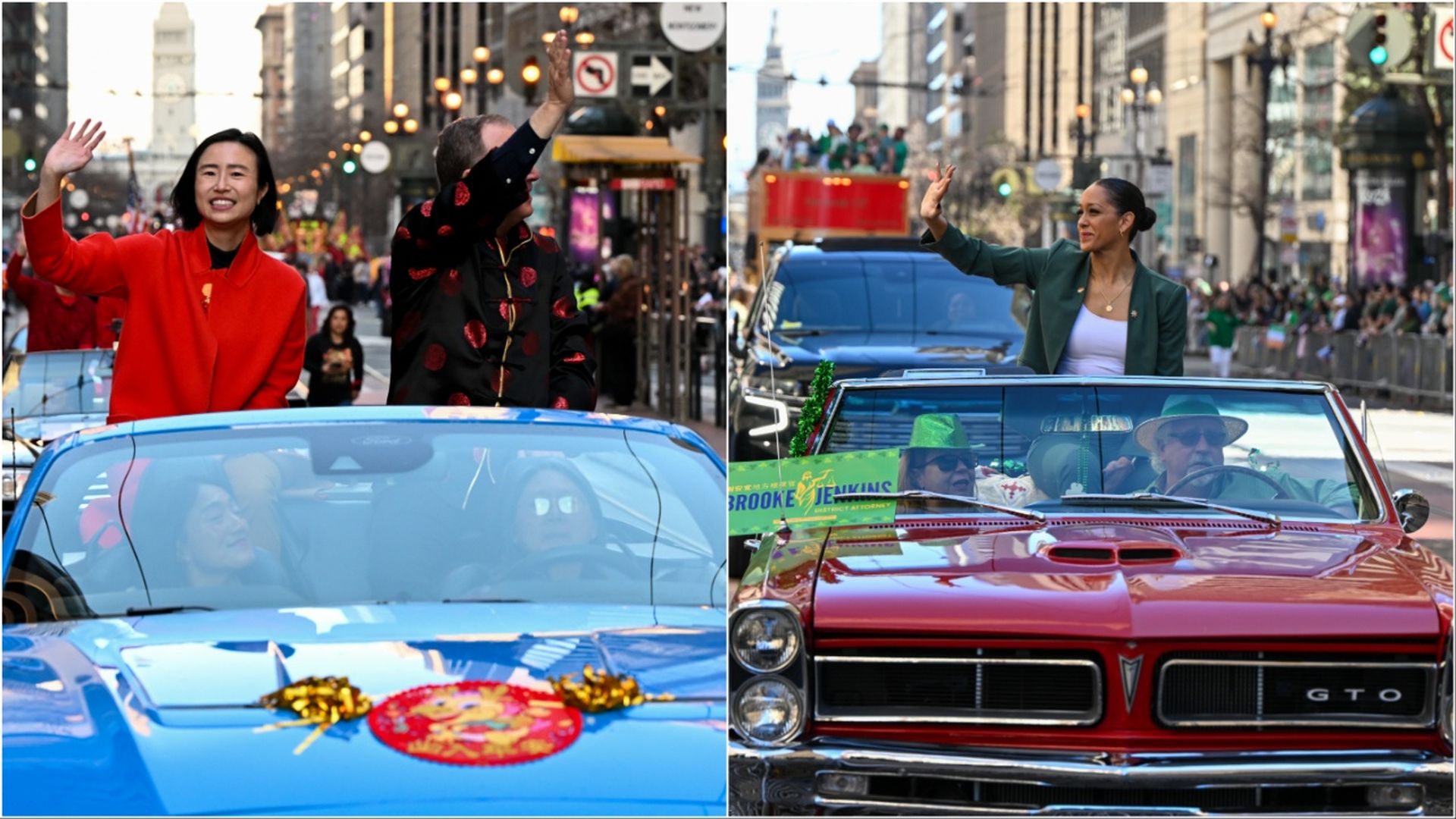 Two parade scenes: left shows a woman in a bright red coat waving from a blue convertible; right shows a woman in a green blazer waving from a red classic car with a Brooke Jenkins sign.